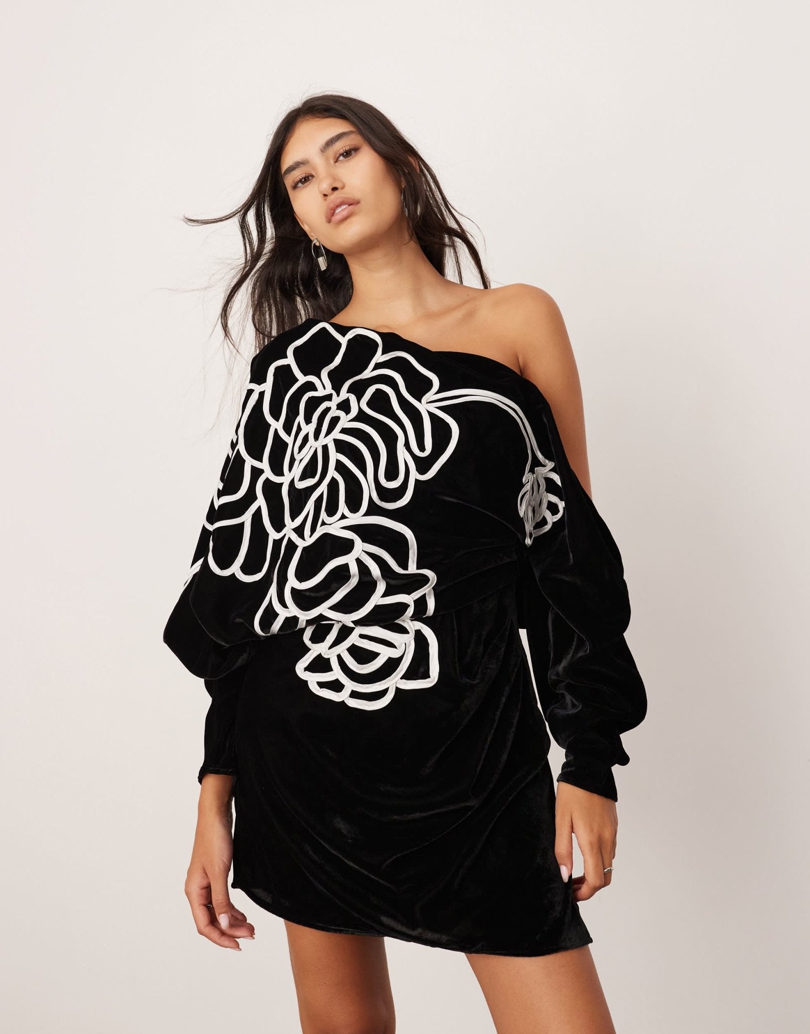 ASOS EDITION velvet linear embroidered floral slouchy shoulder mini dress in black - ASOS Sample Sale