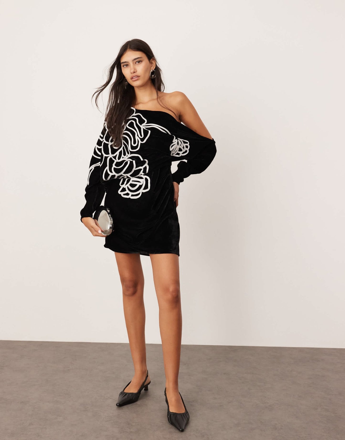 ASOS EDITION velvet linear embroidered floral slouchy shoulder mini dress in black - ASOS Sample Sale