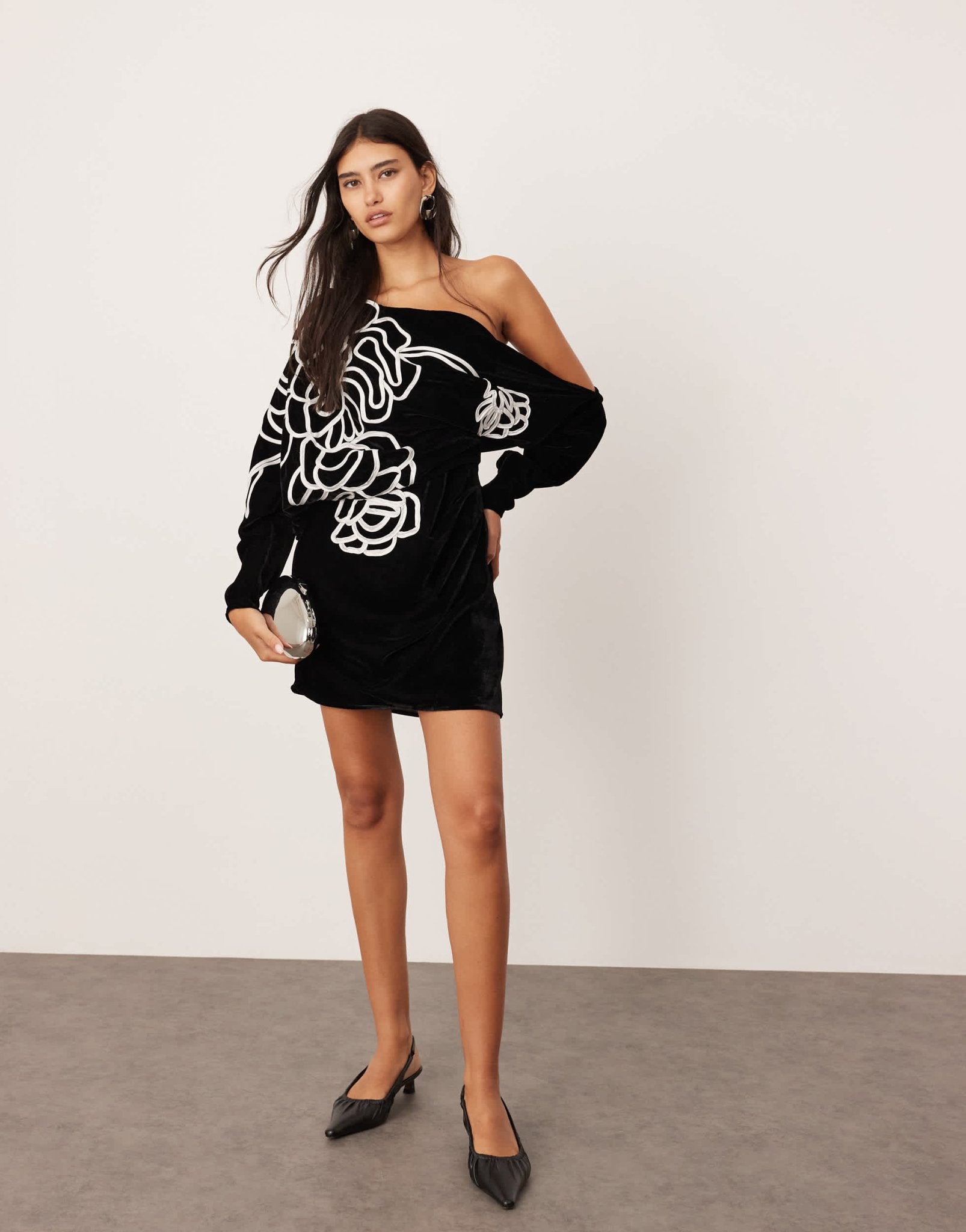 ASOS EDITION velvet linear embroidered floral slouchy shoulder mini dress in black - ASOS Sample Sale