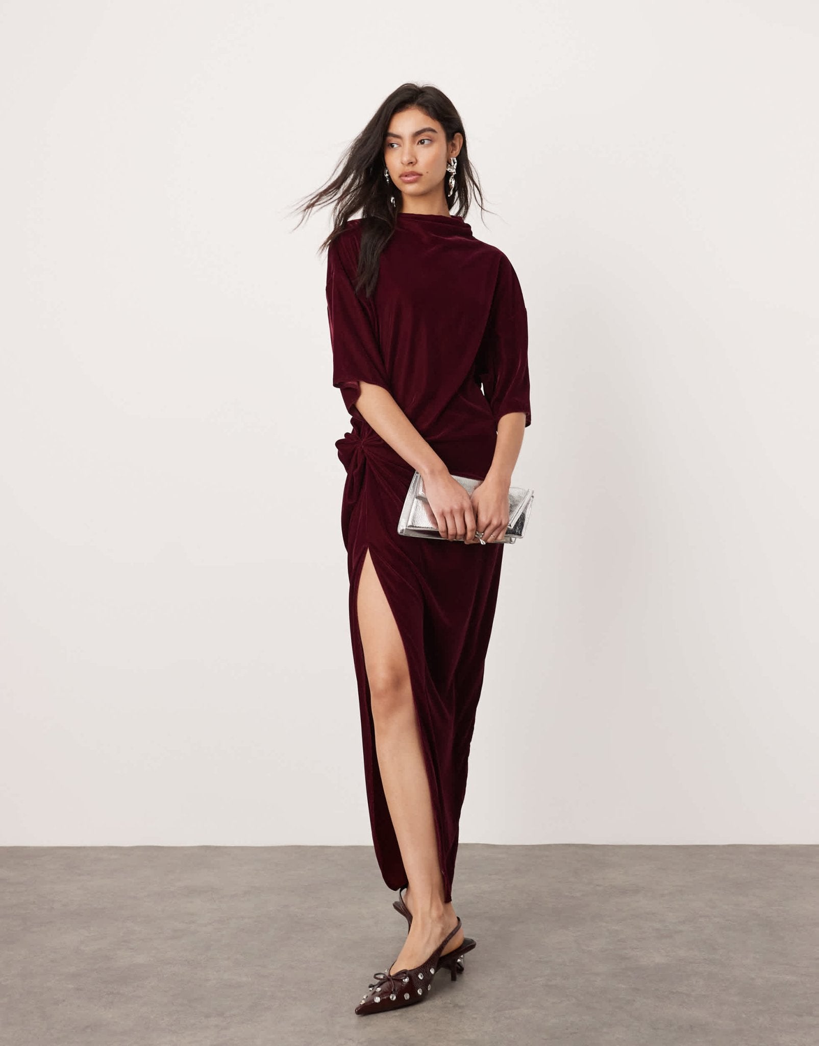 ASOS EDITION velvet twist waist t-shirt maxi dress in burgundy - ASOS Sample Sale