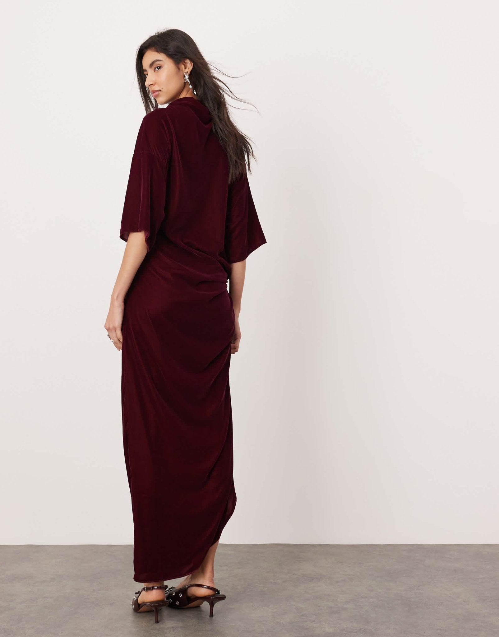 ASOS EDITION velvet twist waist t-shirt maxi dress in burgundy - ASOS Sample Sale