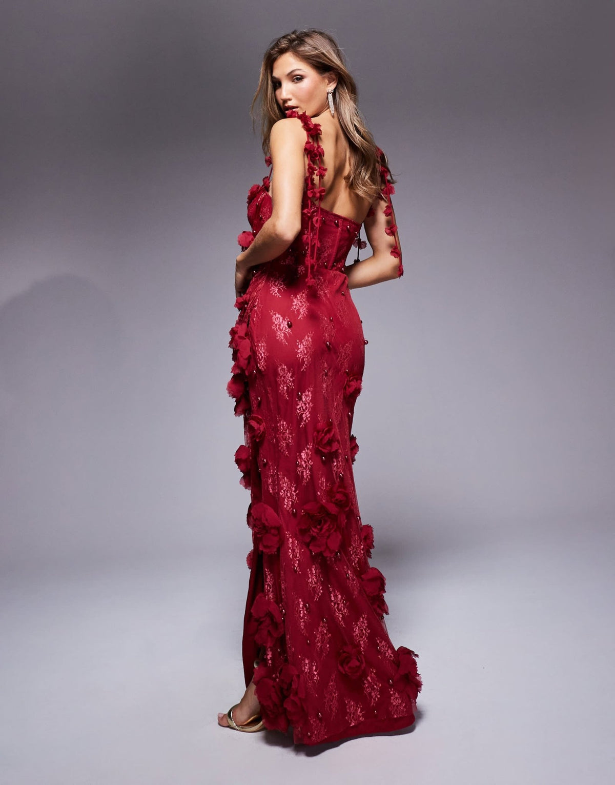 ASOS LUXE 3D floral embellished lace maxi dress in burgundy - ASOS Sample Sale