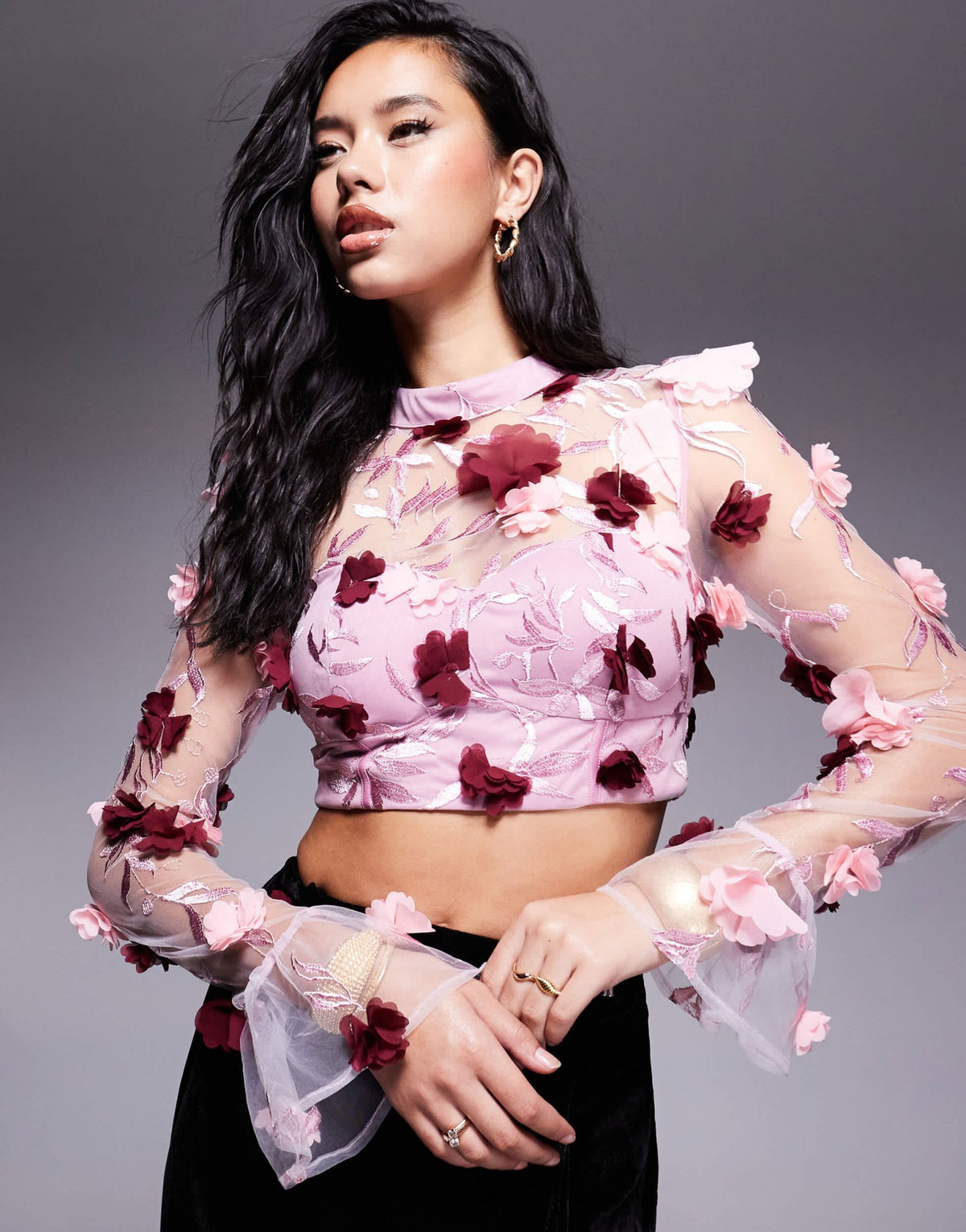 ASOS LUXE 3D floral organza top in pink & red - ASOS Sample Sale