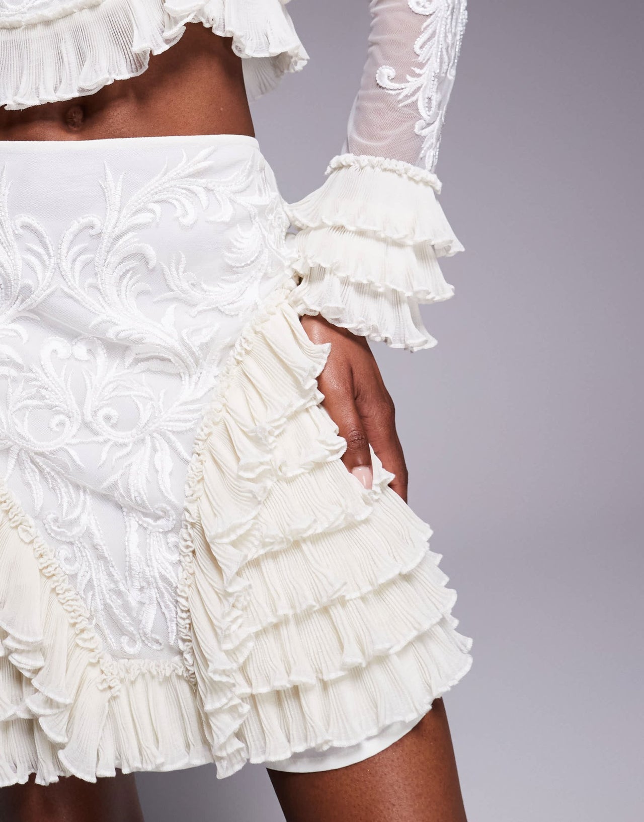 ASOS LUXE co-ord embroidered mini skirt with ruffle detail in cream - ASOS Sample Sale