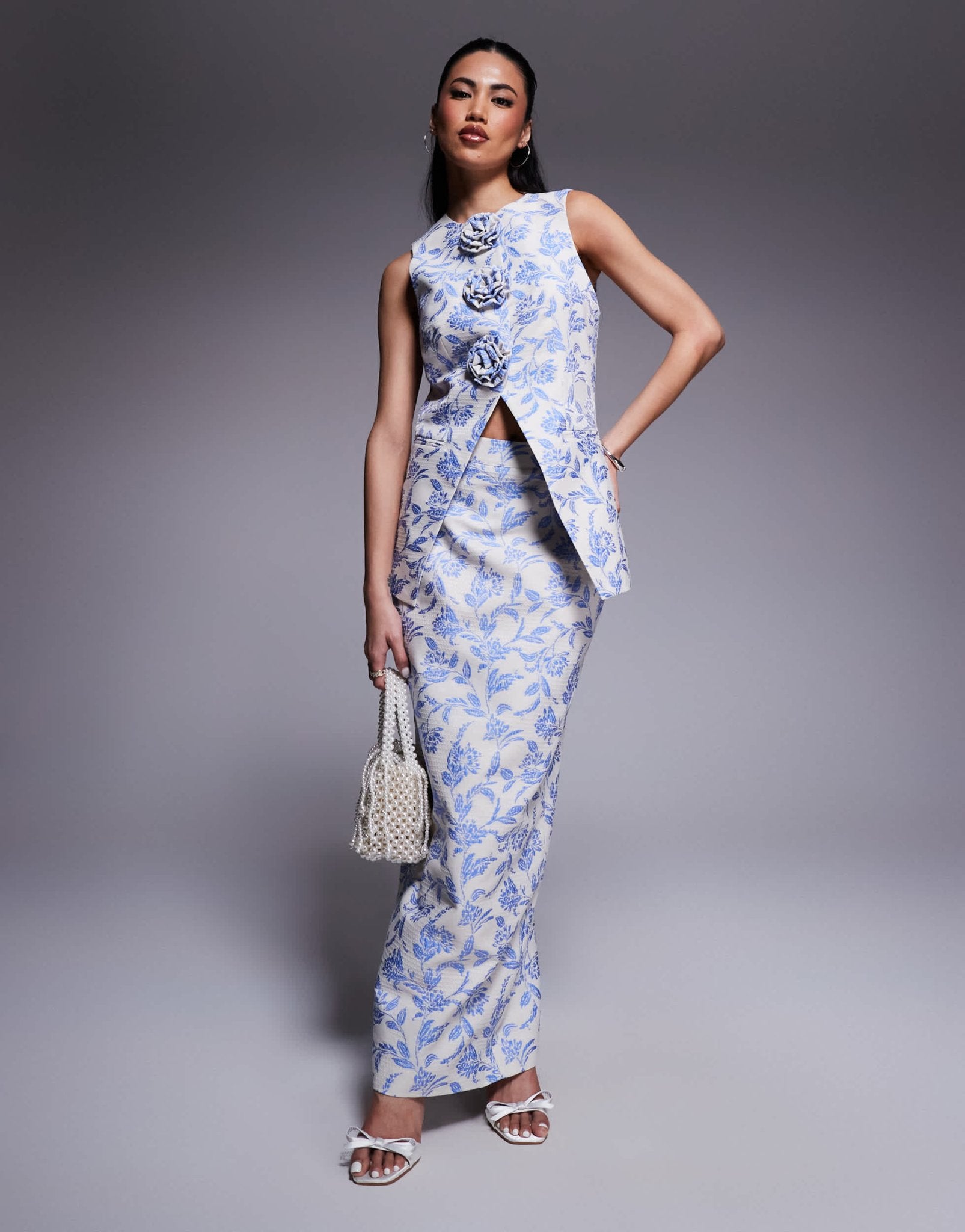 ASOS LUXE co-ord jacquard waist coat with 3D flowers in blue tapestry floral - ASOS Sample Sale
