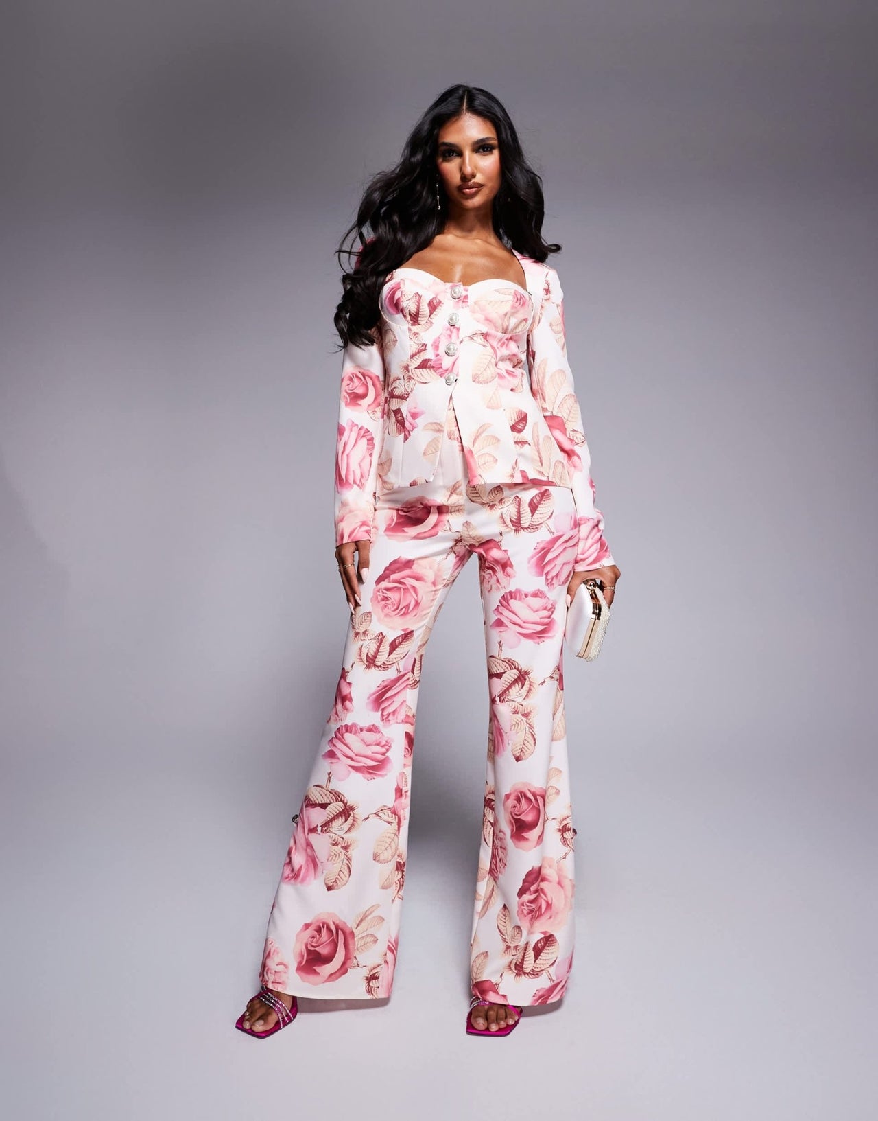 ASOS LUXE co - ord slim fit tailored trouser with embellished button detail in rose print - ASOS Sample Sale