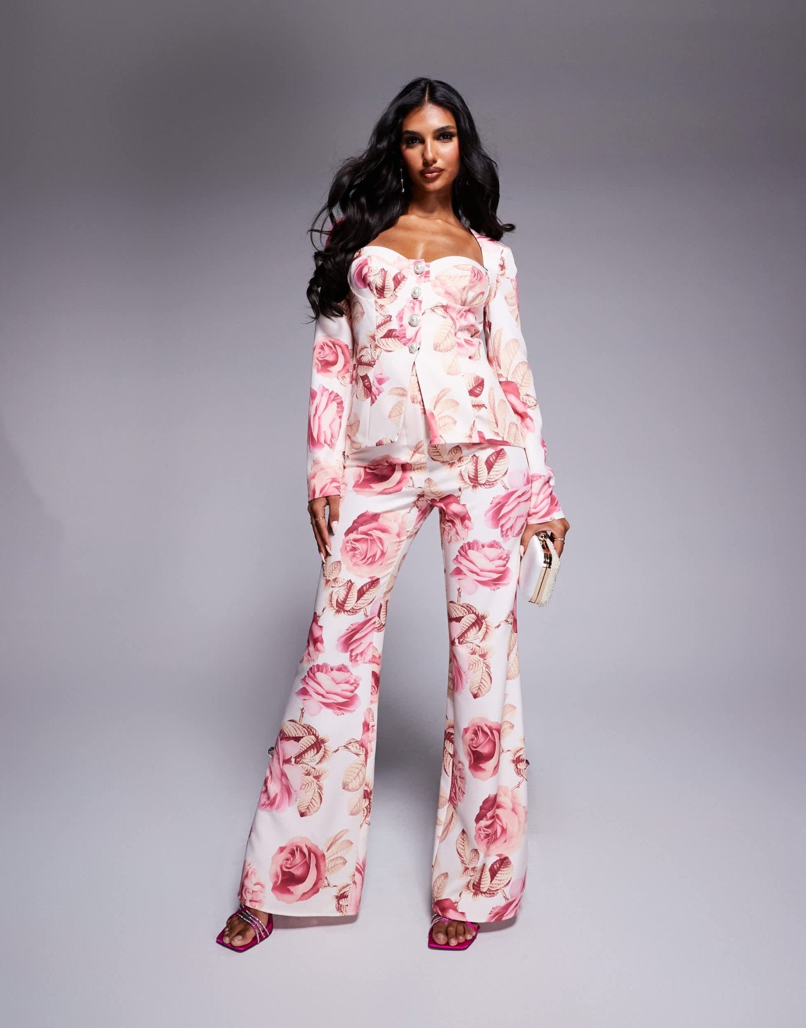 ASOS LUXE co - ord slim fit tailored trouser with embellished button detail in rose print - ASOS Sample Sale