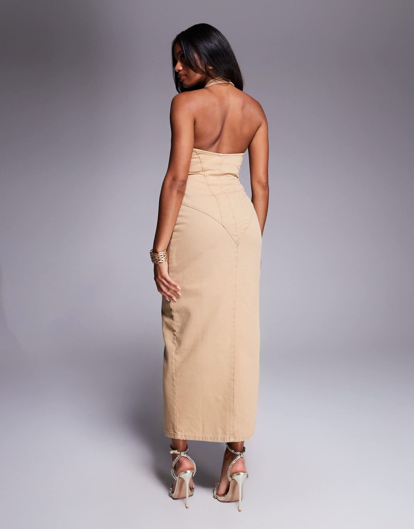 ASOS LUXE corset sculpted halter neck midi dress in tan wash - ASOS Sample Sale