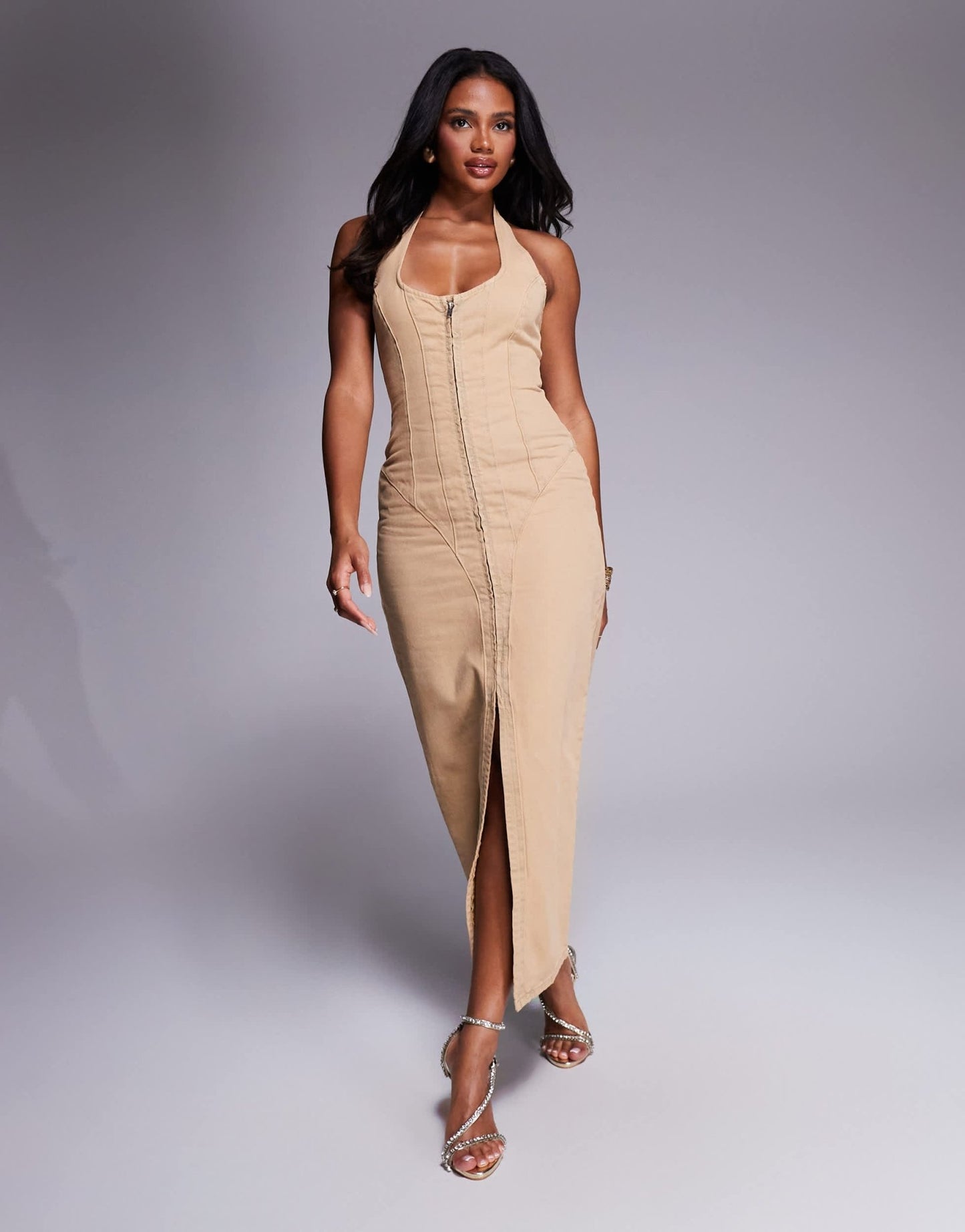 ASOS LUXE corset sculpted halter neck midi dress in tan wash - ASOS Sample Sale
