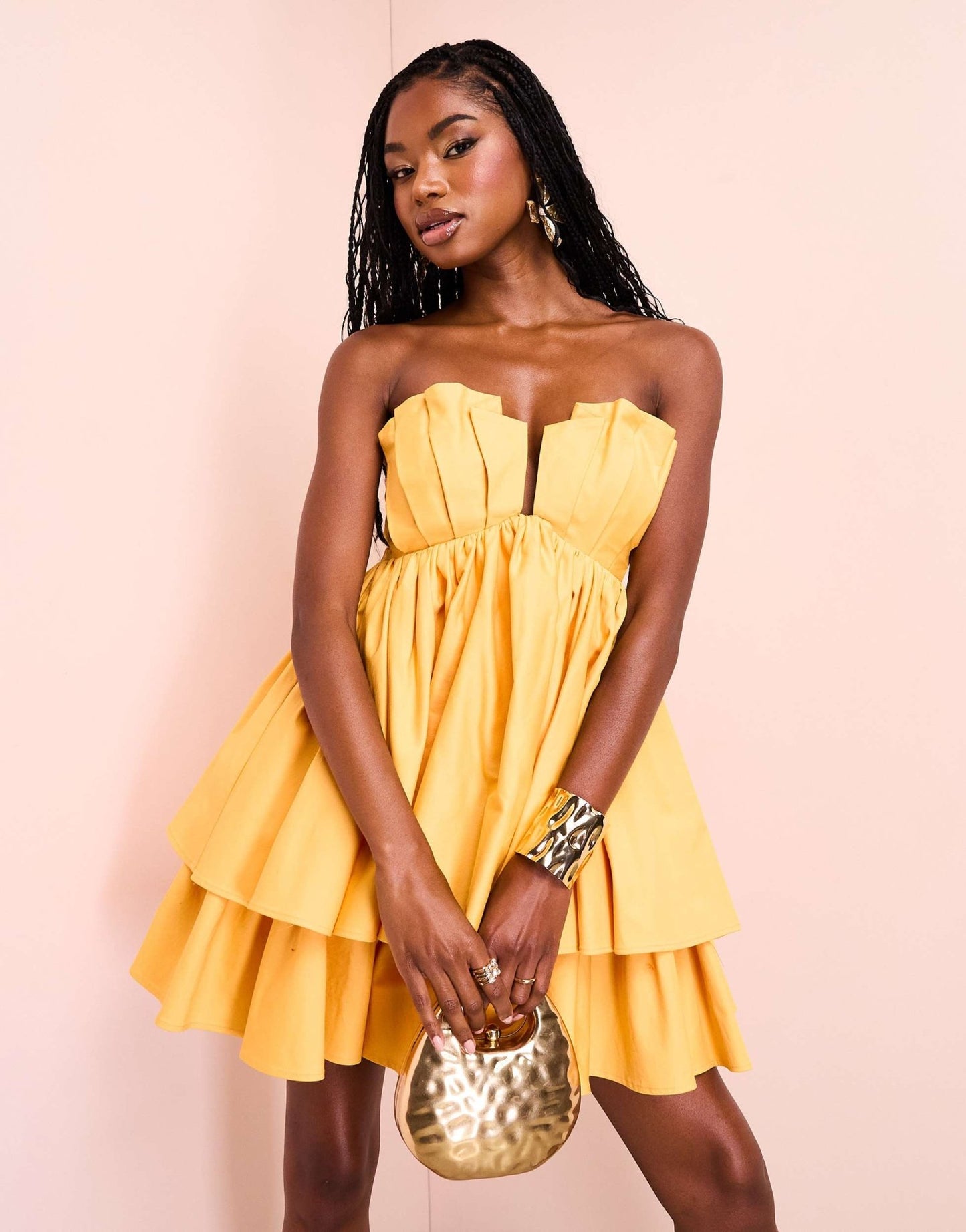 ASOS LUXE cotton poplin bandeau babydoll mini dress with pleated bust in apricot - ASOS Sample Sale