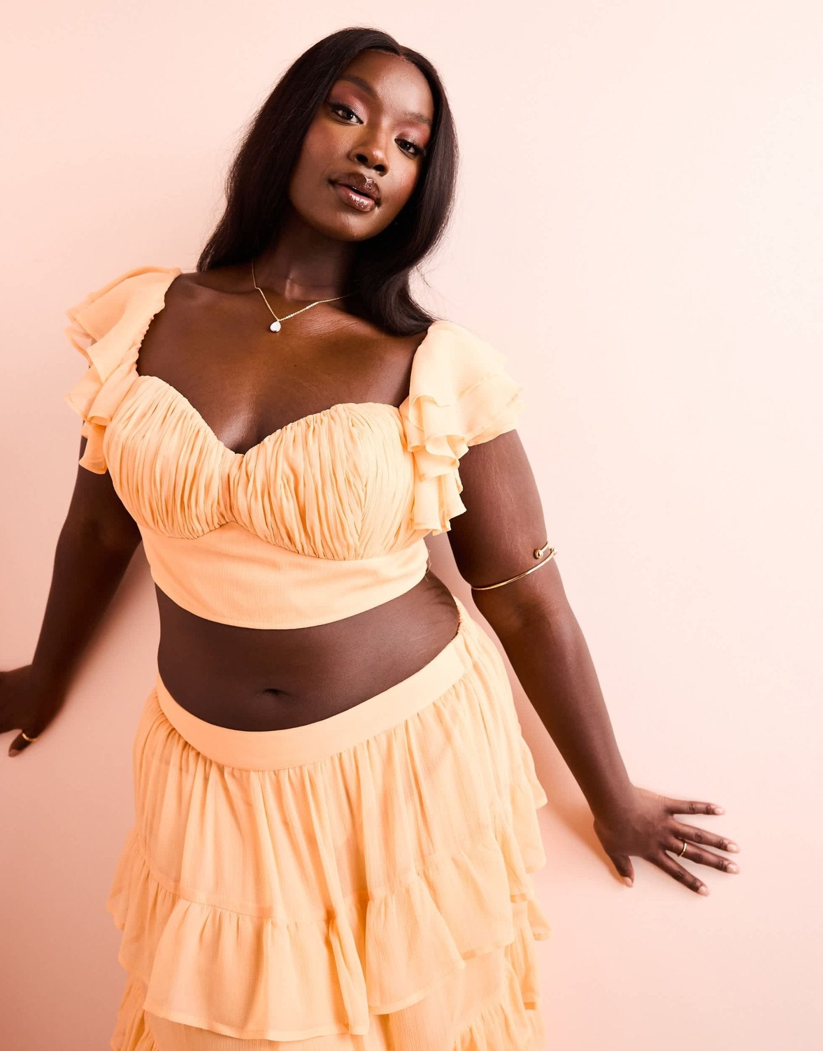 ASOS LUXE Curve co - ord beach ruched bralet with tiered sheer sleeves in apricot - ASOS Sample Sale