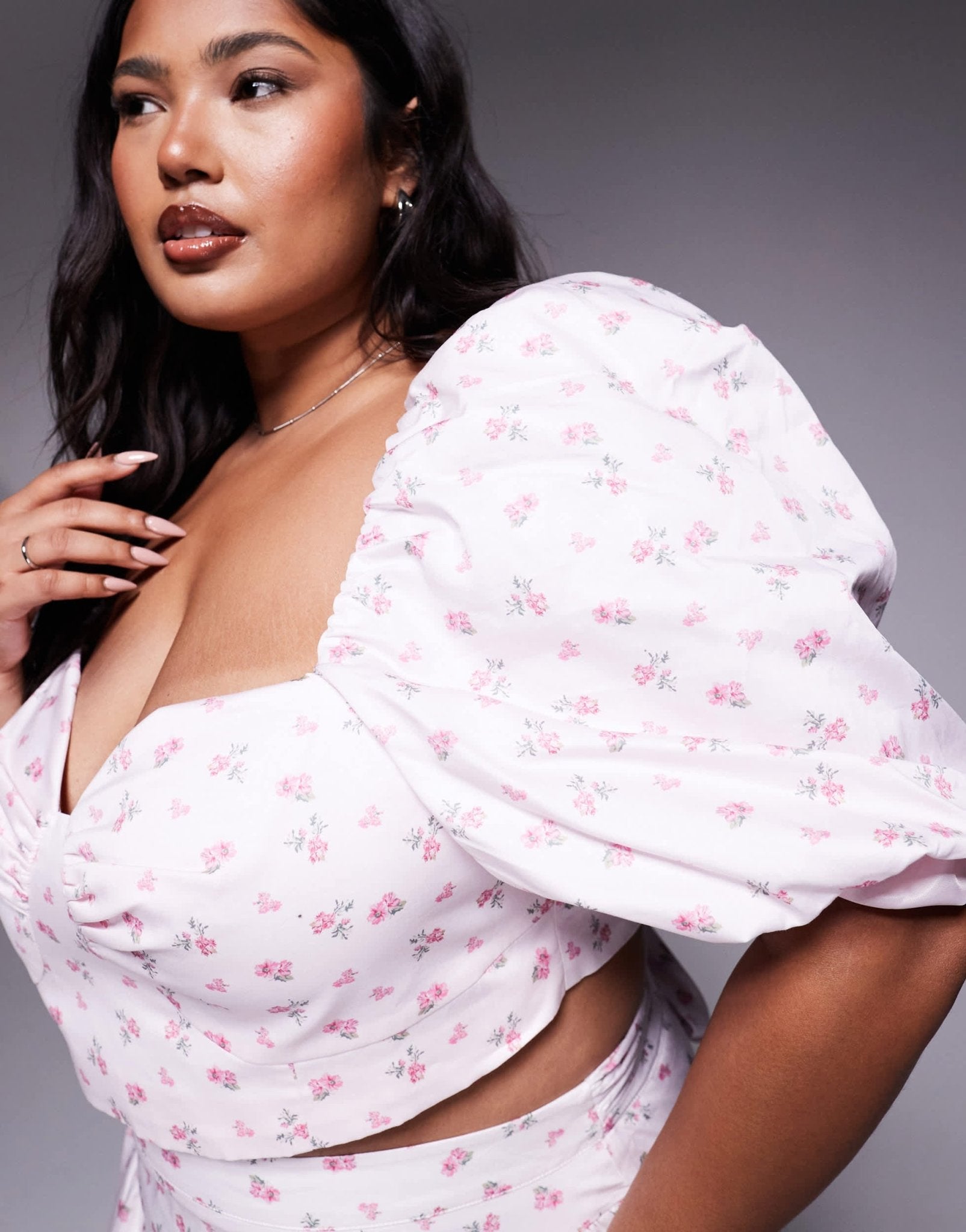 ASOS LUXE Curve co - ord cotton sateen puff sleeve top in ditsy floral - ASOS Sample Sale