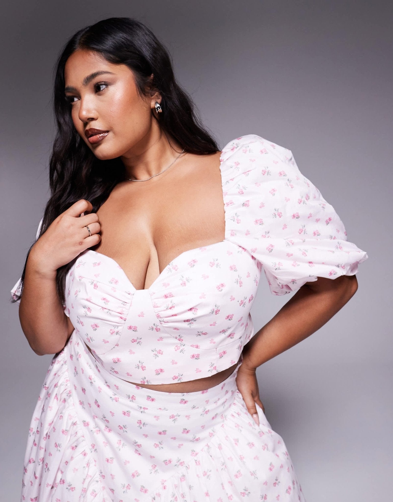 ASOS LUXE Curve co - ord cotton sateen puff sleeve top in ditsy floral - ASOS Sample Sale