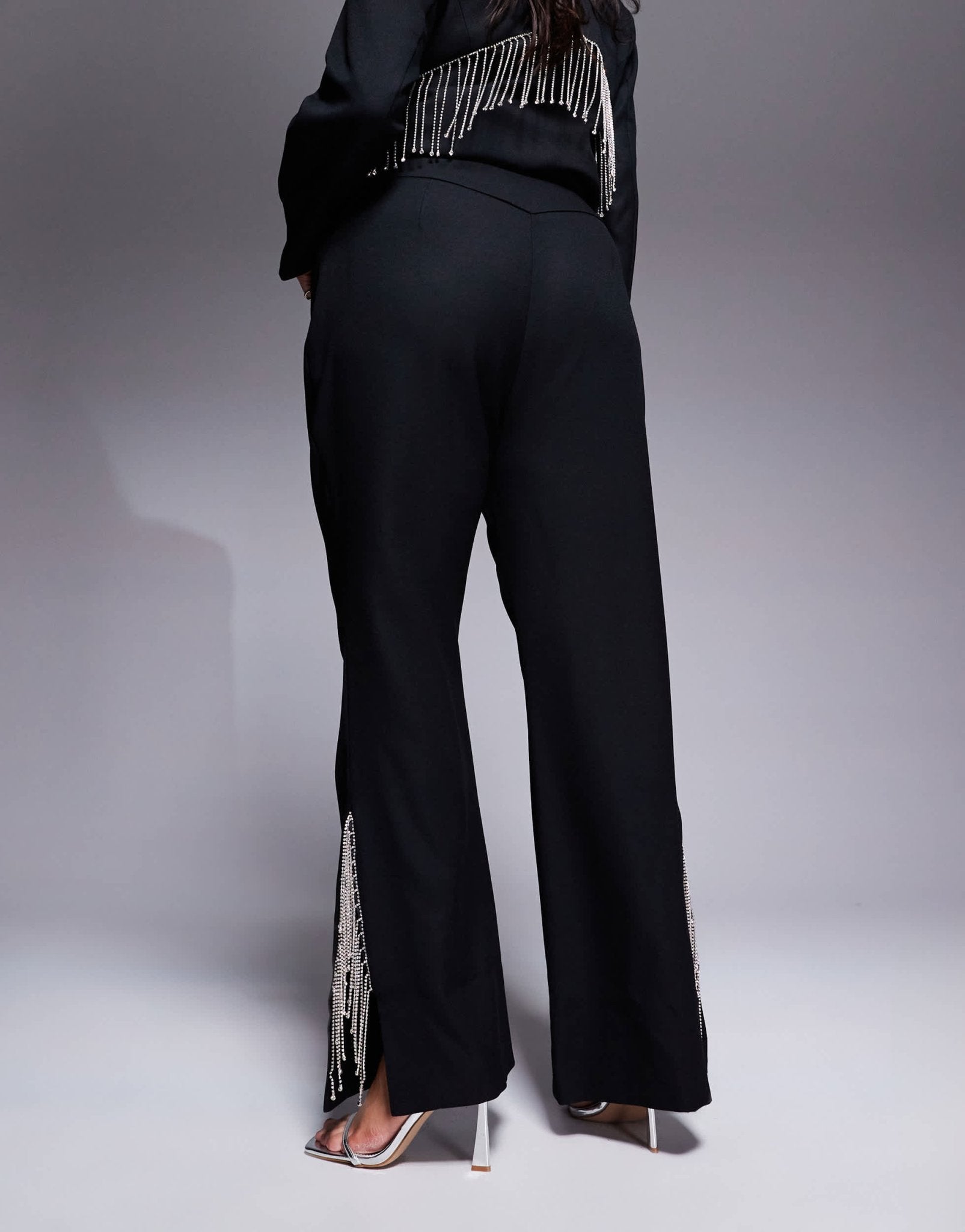 ASOS LUXE Curve co - ord flared trouser with diamante fringing in black - ASOS Sample Sale
