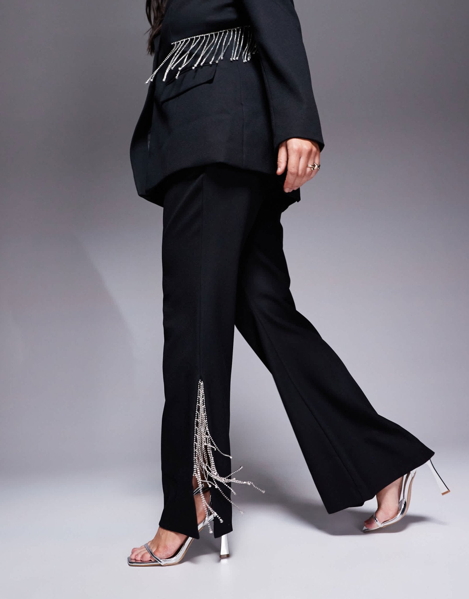 ASOS LUXE Curve co - ord flared trouser with diamante fringing in black - ASOS Sample Sale