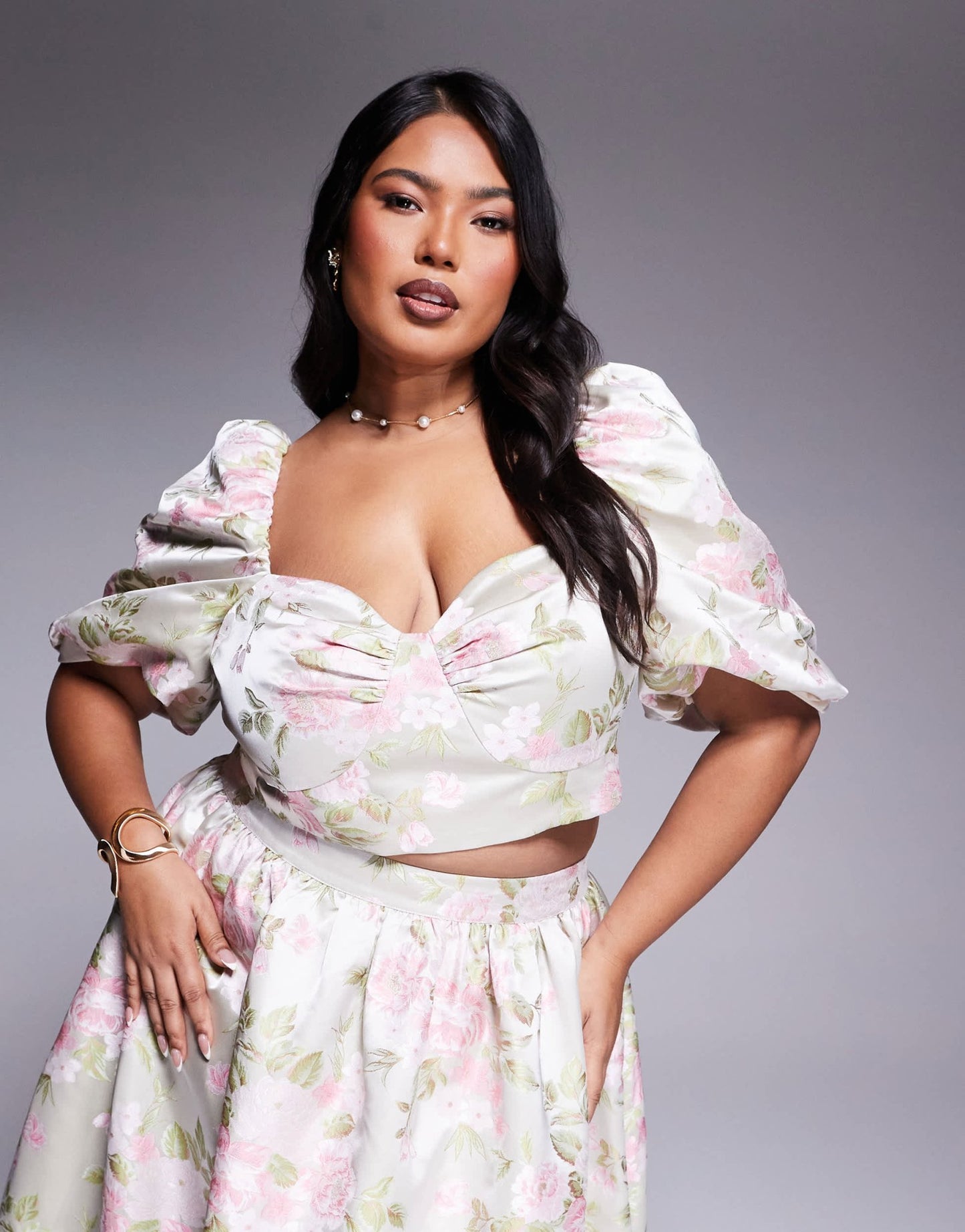 ASOS LUXE Curve co-ord jacquard puff sleeve top in tulip jacquard - ASOS Sample Sale