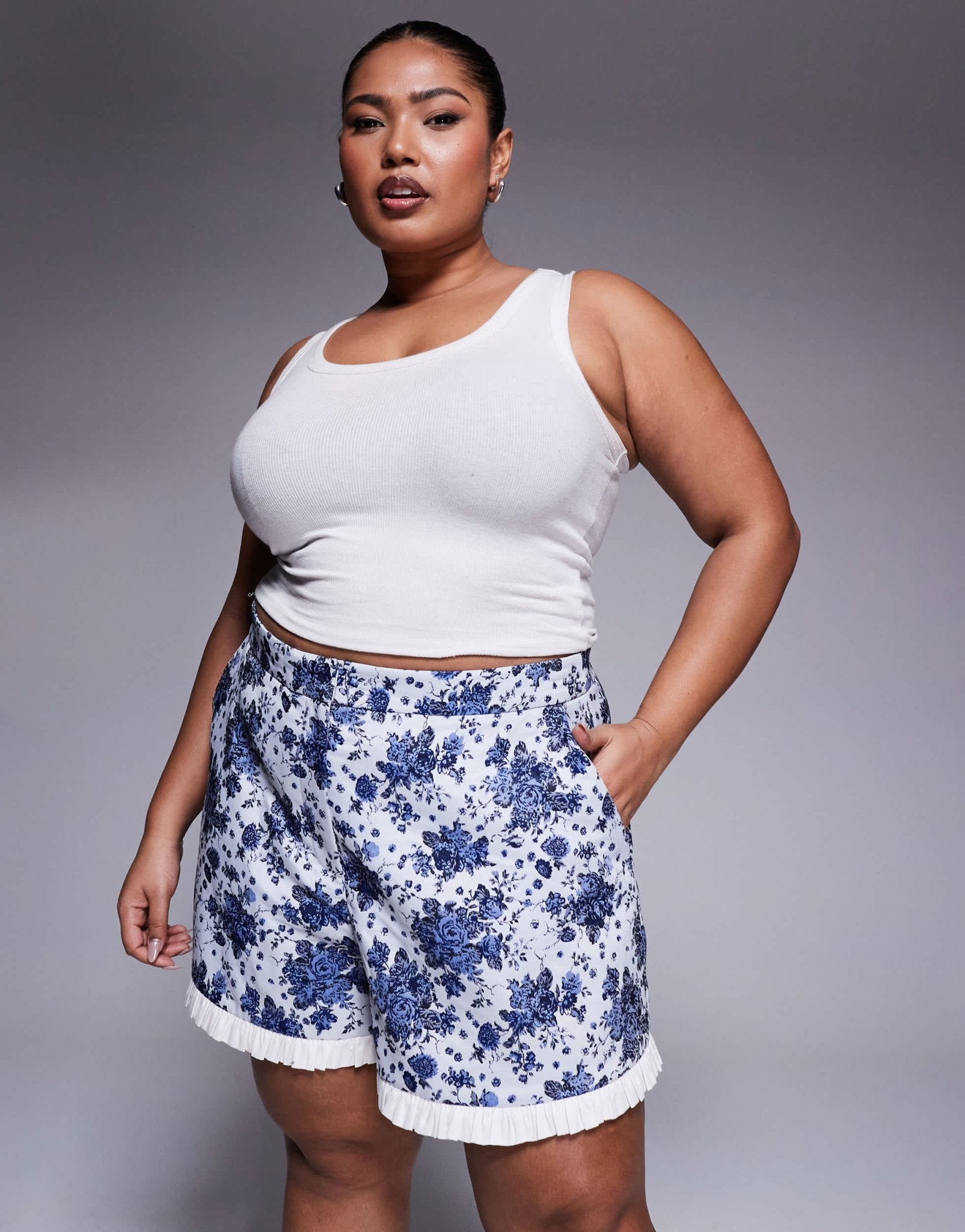 ASOS LUXE CURVE co-ord jacquard short with poplin contrast in blue floral - ASOS Sample Sale