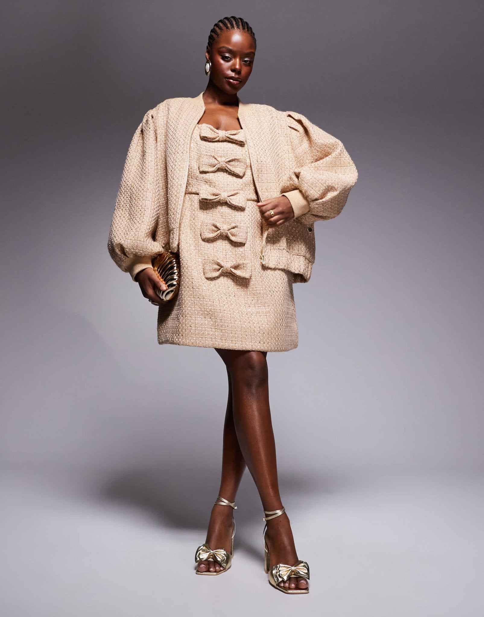 ASOS LUXE Curve embellished boucle bomber jacket in gold - ASOS Sample Sale