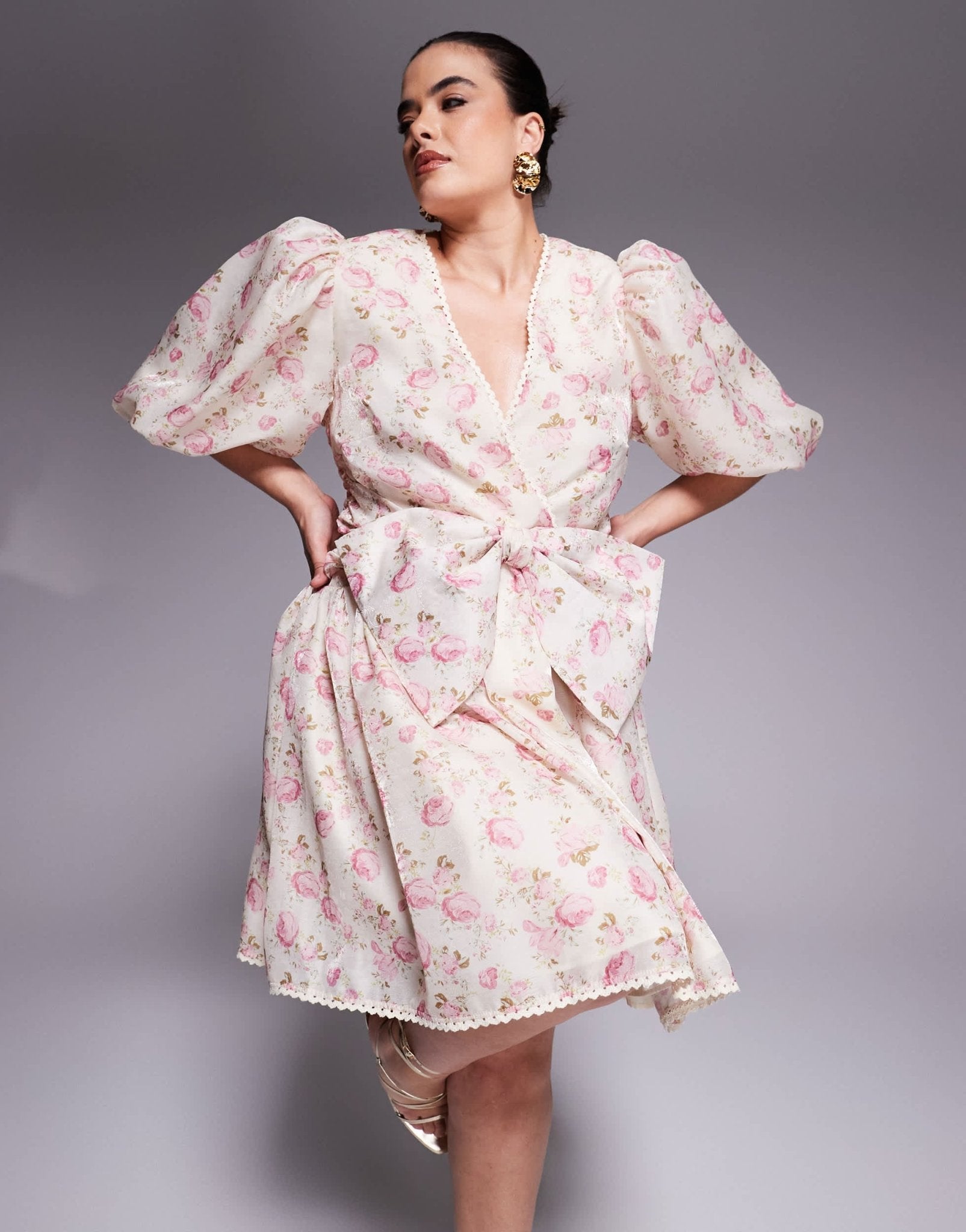 ASOS LUXE Curve jacquard puff sleeve mini dress with bow tie in floral print - ASOS Sample Sale