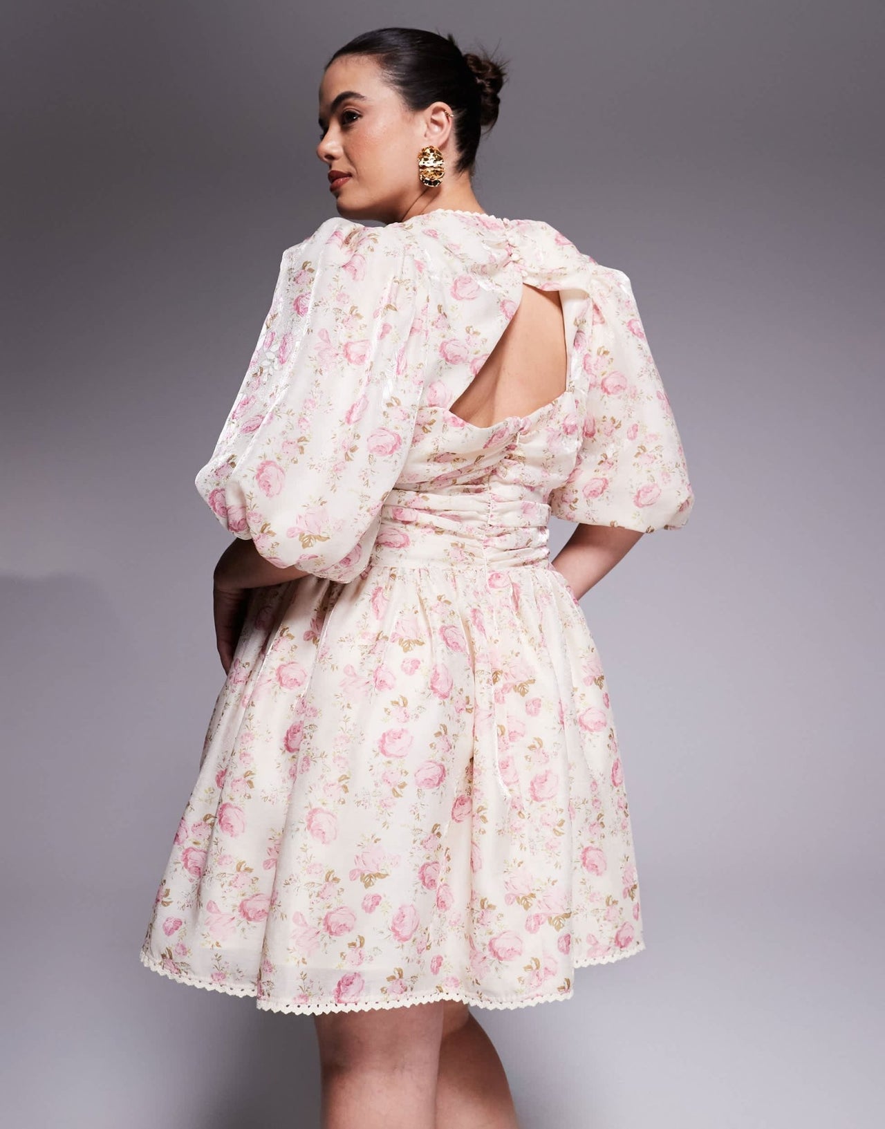 ASOS LUXE Curve jacquard puff sleeve mini dress with bow tie in floral print - ASOS Sample Sale