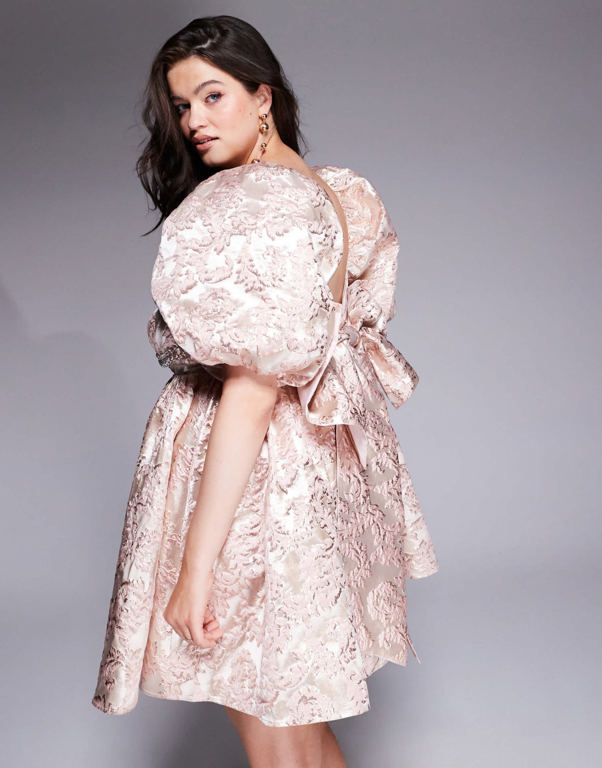 ASOS LUXE Curve jacquard puff sleeve mini dress with embellished bust detail in pink - ASOS Sample Sale