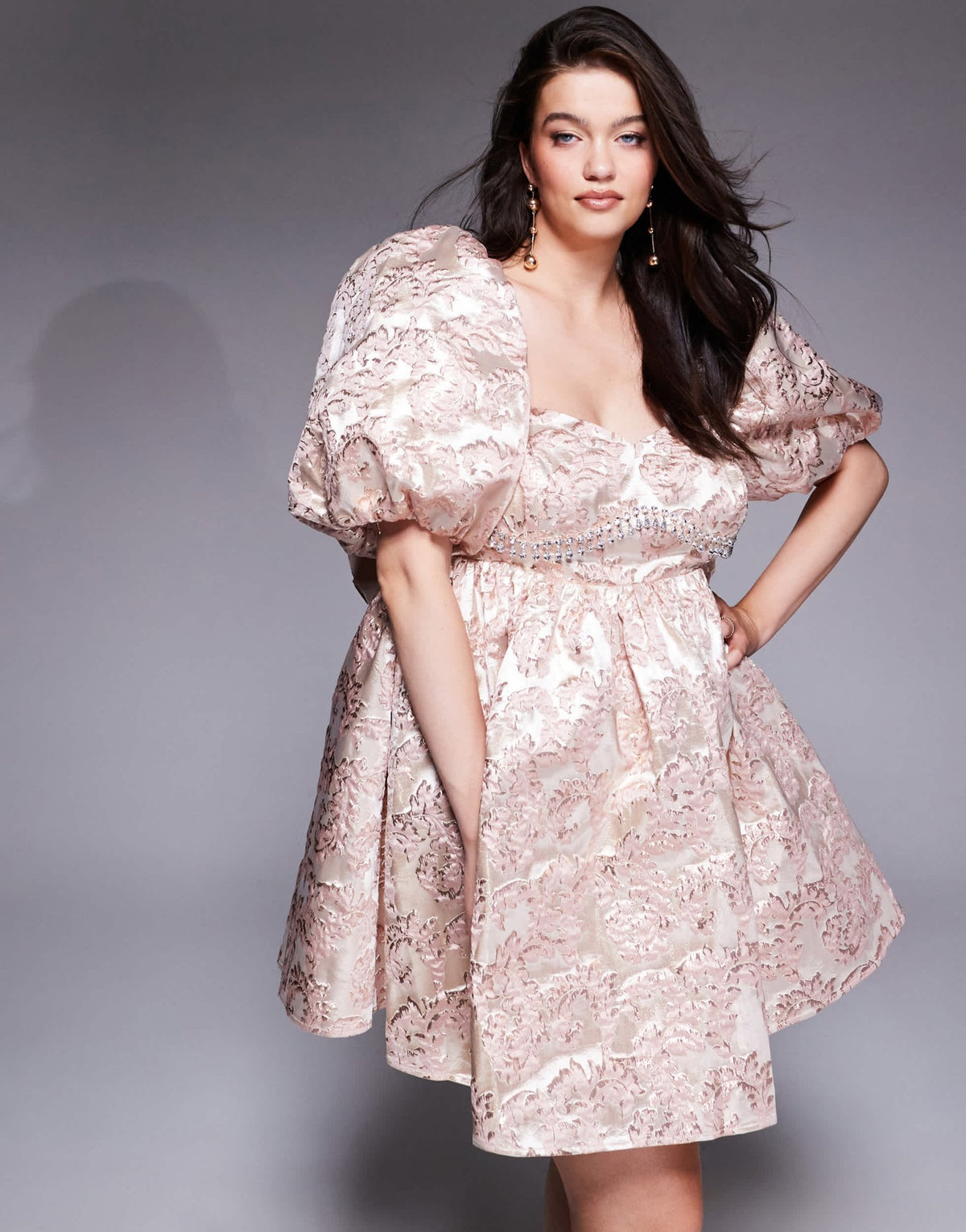 ASOS LUXE Curve jacquard puff sleeve mini dress with embellished bust detail in pink - ASOS Sample Sale