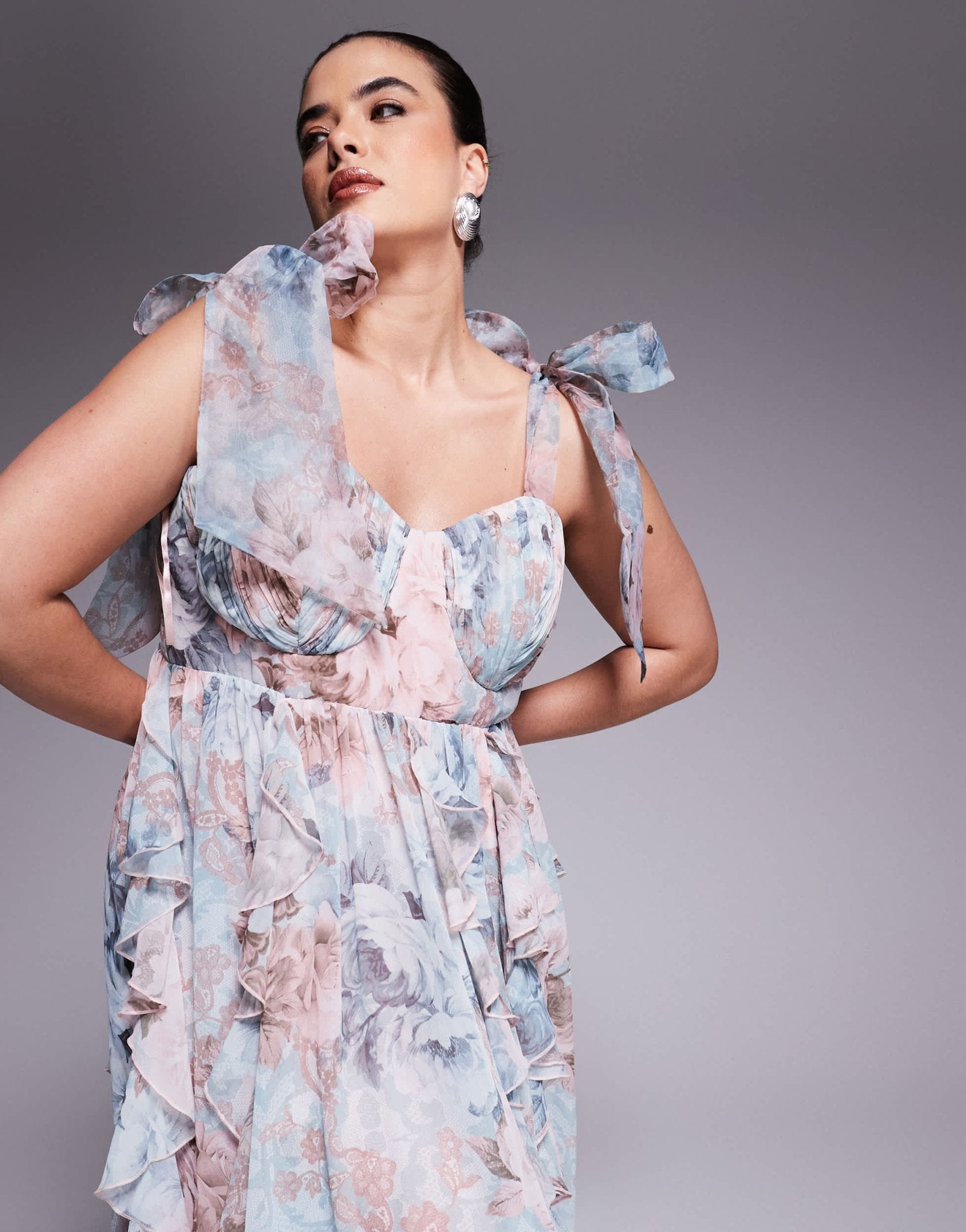 ASOS LUXE Curve maxi dress with waterfall ruffles and tie straps in lace floral print - ASOS Sample Sale