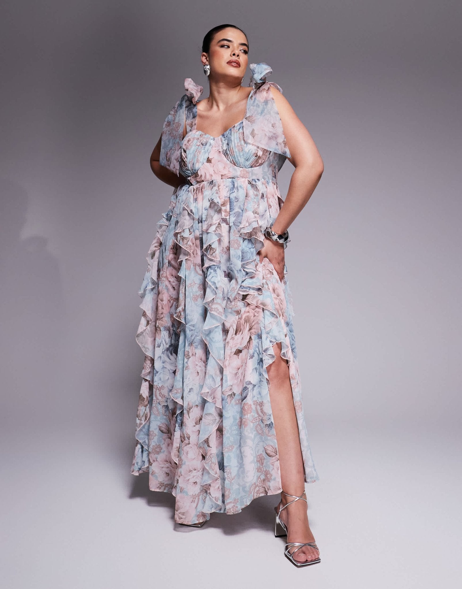 ASOS LUXE Curve maxi dress with waterfall ruffles and tie straps in lace floral print - ASOS Sample Sale