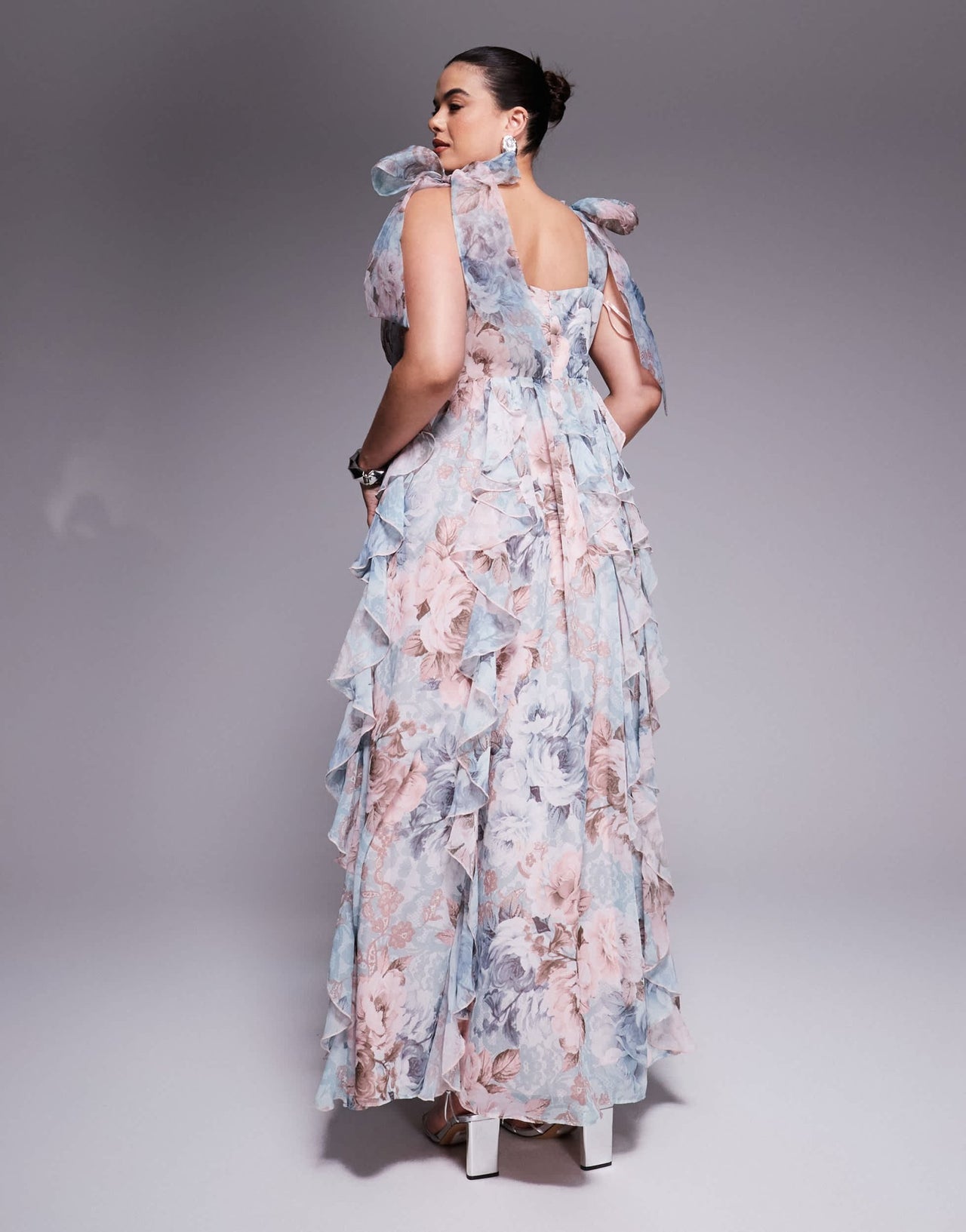 ASOS LUXE Curve maxi dress with waterfall ruffles and tie straps in lace floral print - ASOS Sample Sale