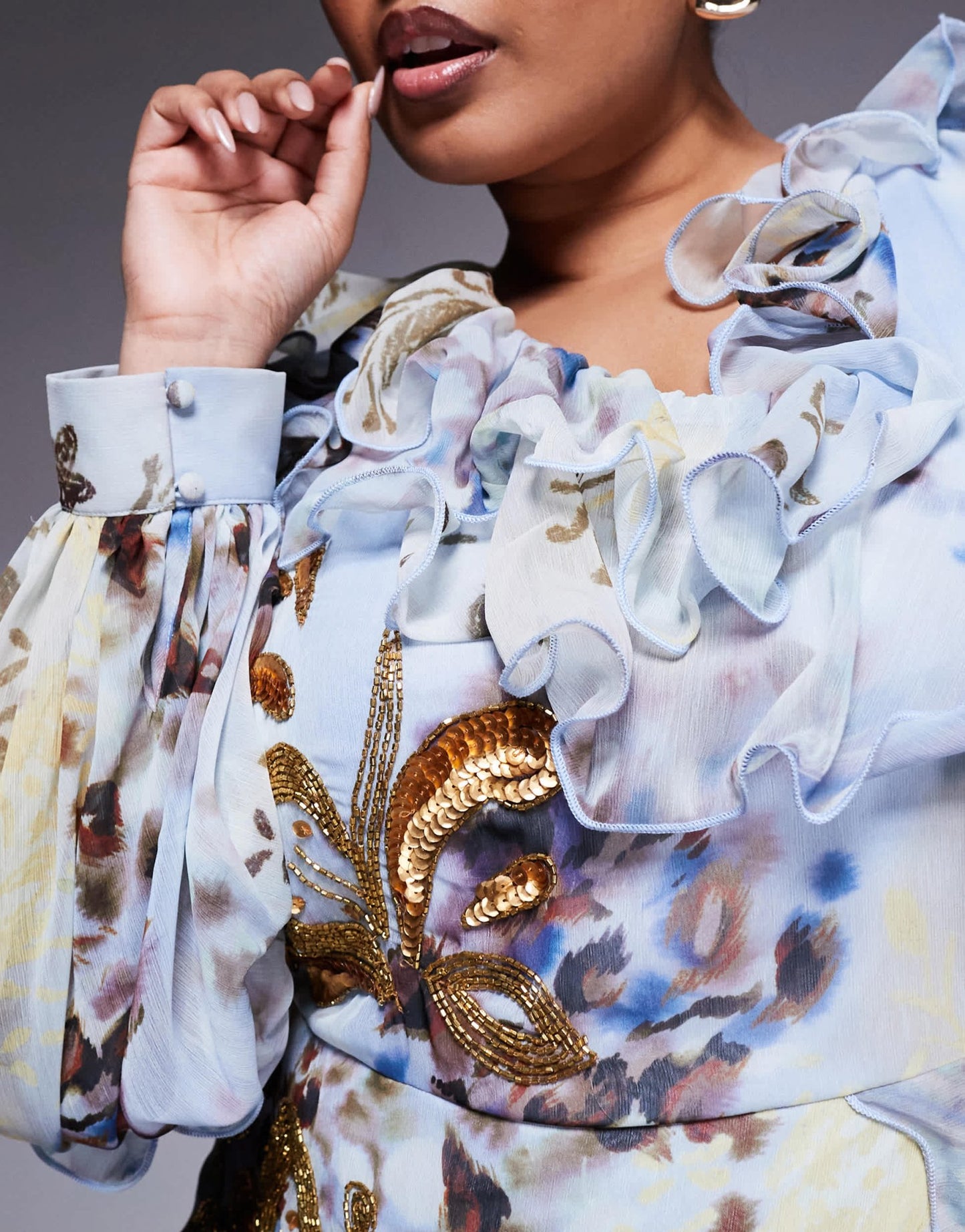 ASOS LUXE Curve organza and chiffon printed asymmetrical mini dress with embellishment in blue western floral - ASOS Sample Sale