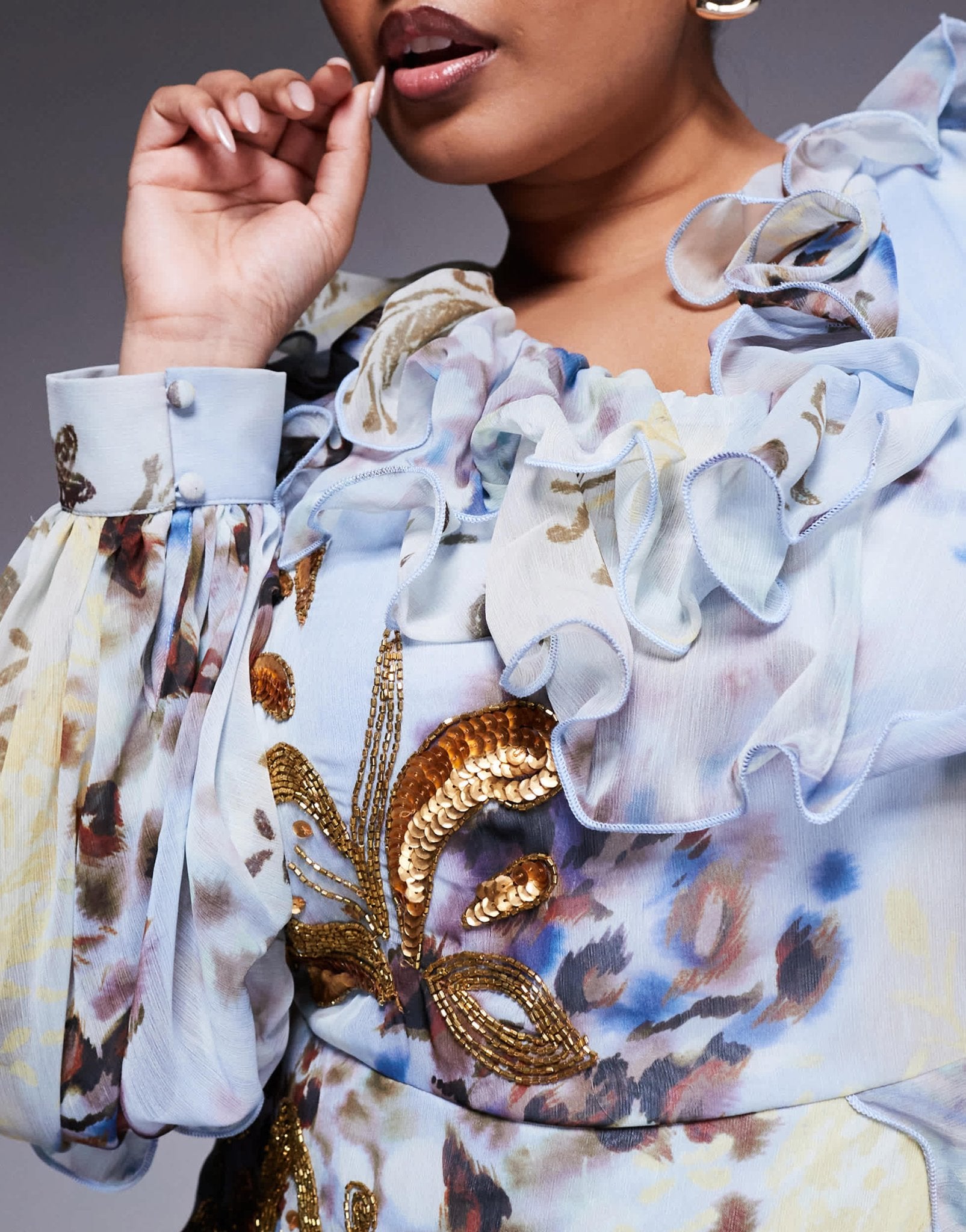 ASOS LUXE Curve organza and chiffon printed asymmetrical mini dress with embellishment in blue western floral - ASOS Sample Sale