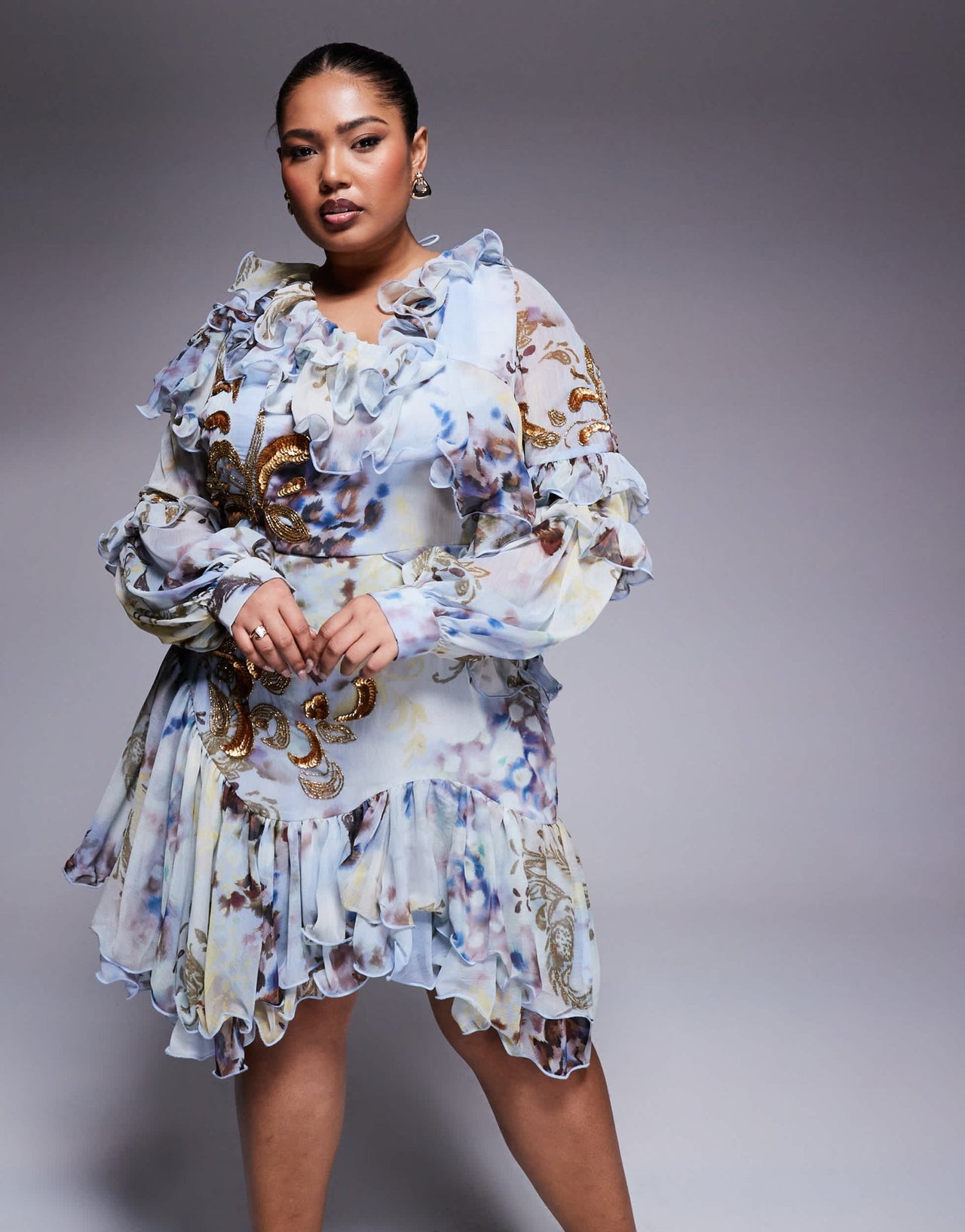 ASOS LUXE Curve organza and chiffon printed asymmetrical mini dress with embellishment in blue western floral - ASOS Sample Sale