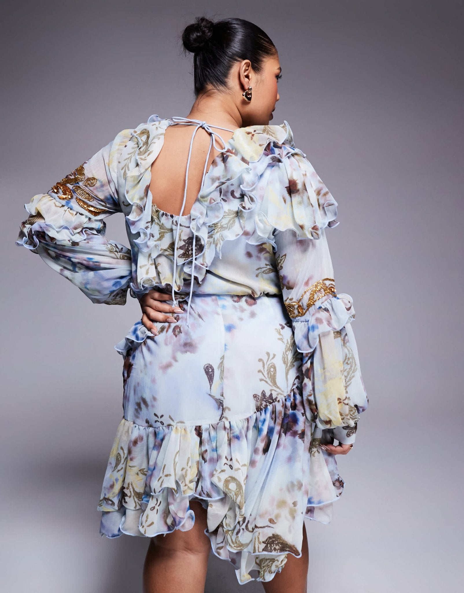 ASOS LUXE Curve organza and chiffon printed asymmetrical mini dress with embellishment in blue western floral - ASOS Sample Sale