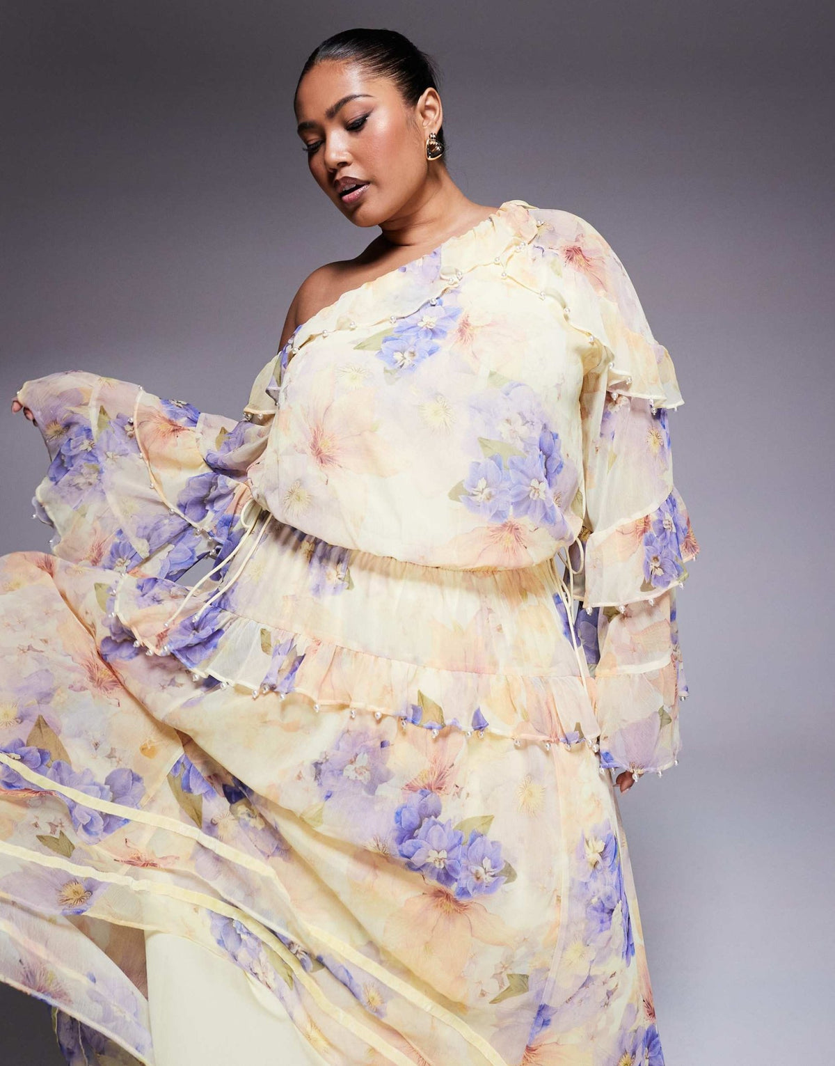 ASOS LUXE Curve pearl embellished chiffon exaggerated maxi dress in floral print - ASOS Sample Sale