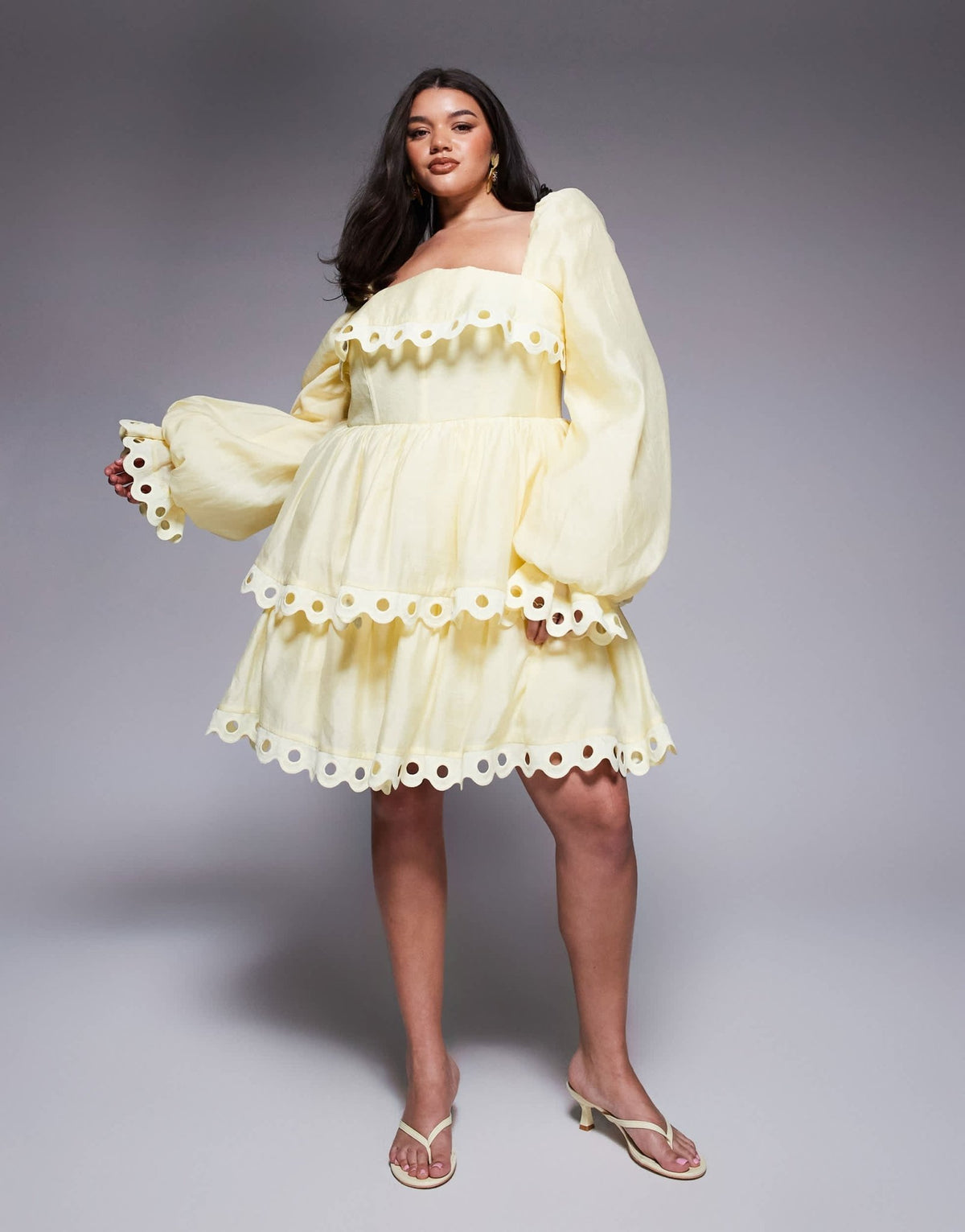 ASOS LUXE Curve tiered puff sleeve mini dress with cut out trim in buttermilk - ASOS Sample Sale