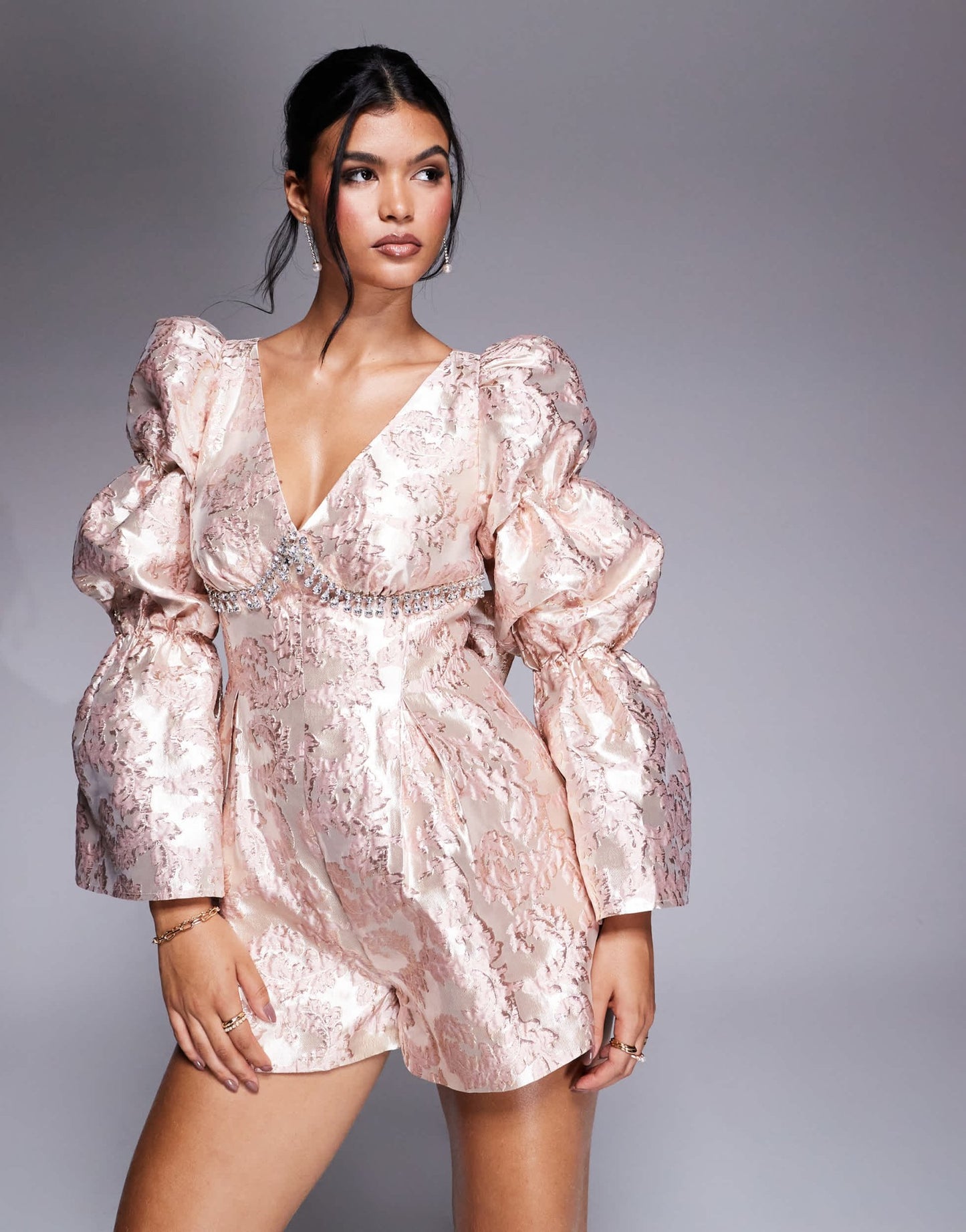 ASOS LUXE embellished jacquard playsuit with bow back in pink - ASOS Sample Sale