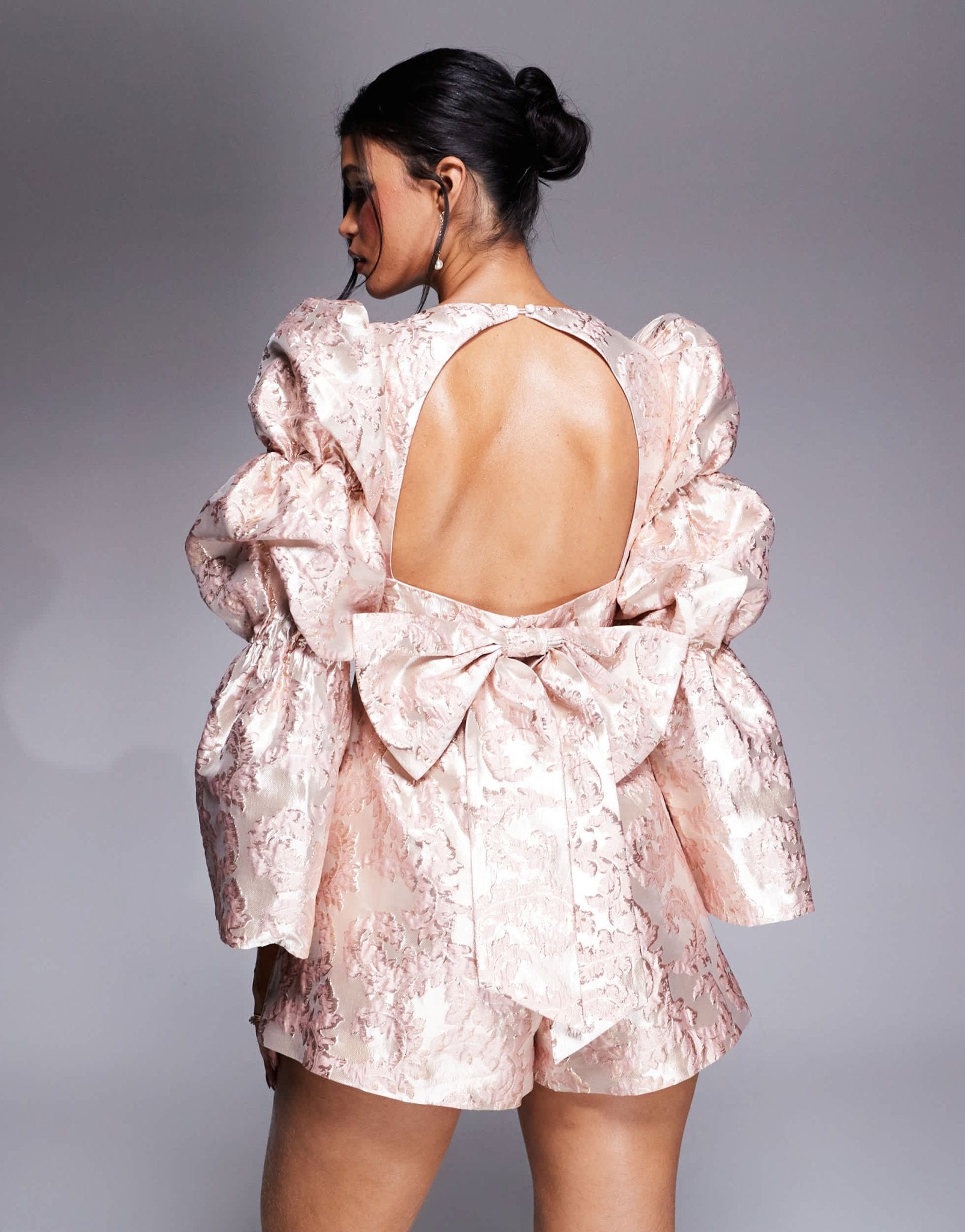 ASOS LUXE embellished jacquard playsuit with bow back in pink - ASOS Sample Sale