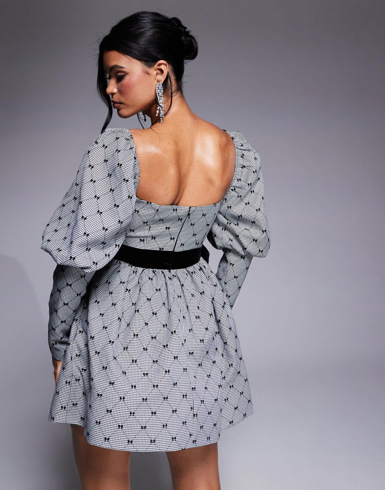 ASOS LUXE flocked bow puff sleeve mini dress with velvet bow in black and white - ASOS Sample Sale