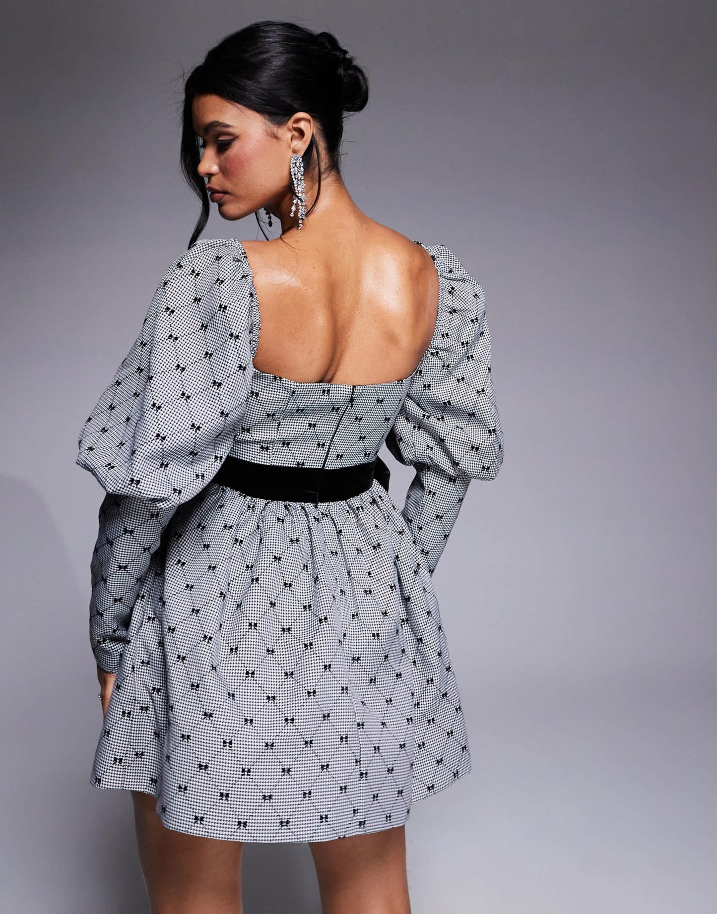 ASOS LUXE flocked bow puff sleeve mini dress with velvet bow in black and white - ASOS Sample Sale