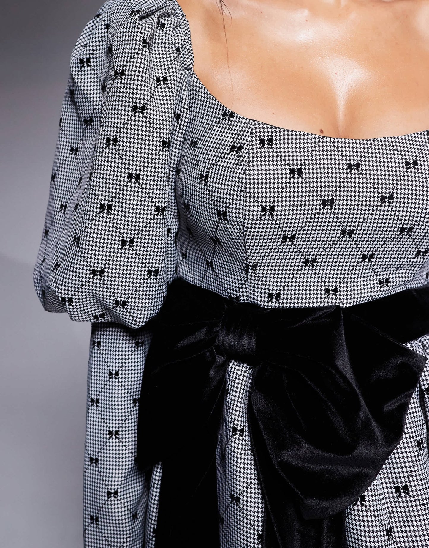 ASOS LUXE flocked bow puff sleeve mini dress with velvet bow in black and white - ASOS Sample Sale