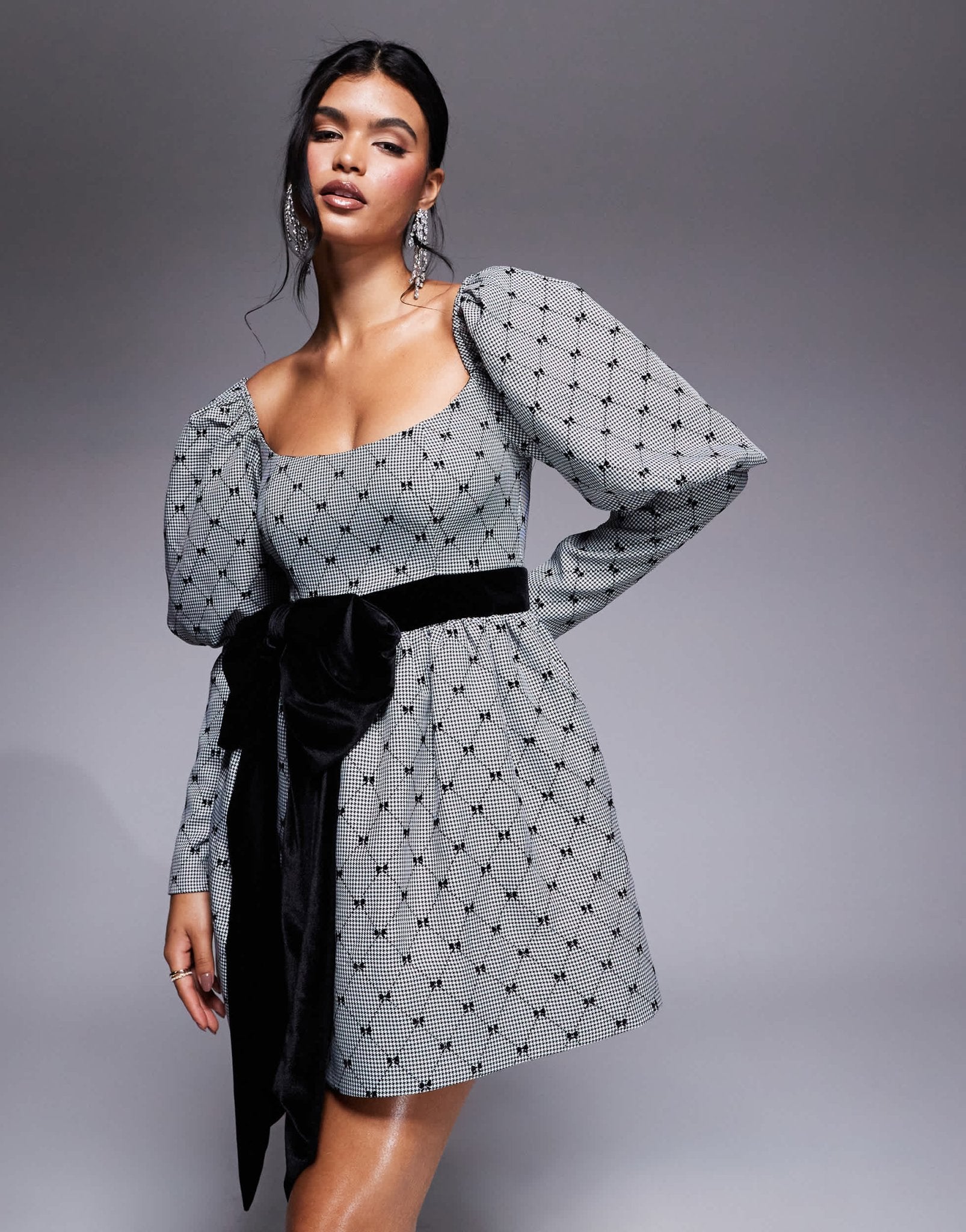 ASOS LUXE flocked bow puff sleeve mini dress with velvet bow in black and white - ASOS Sample Sale