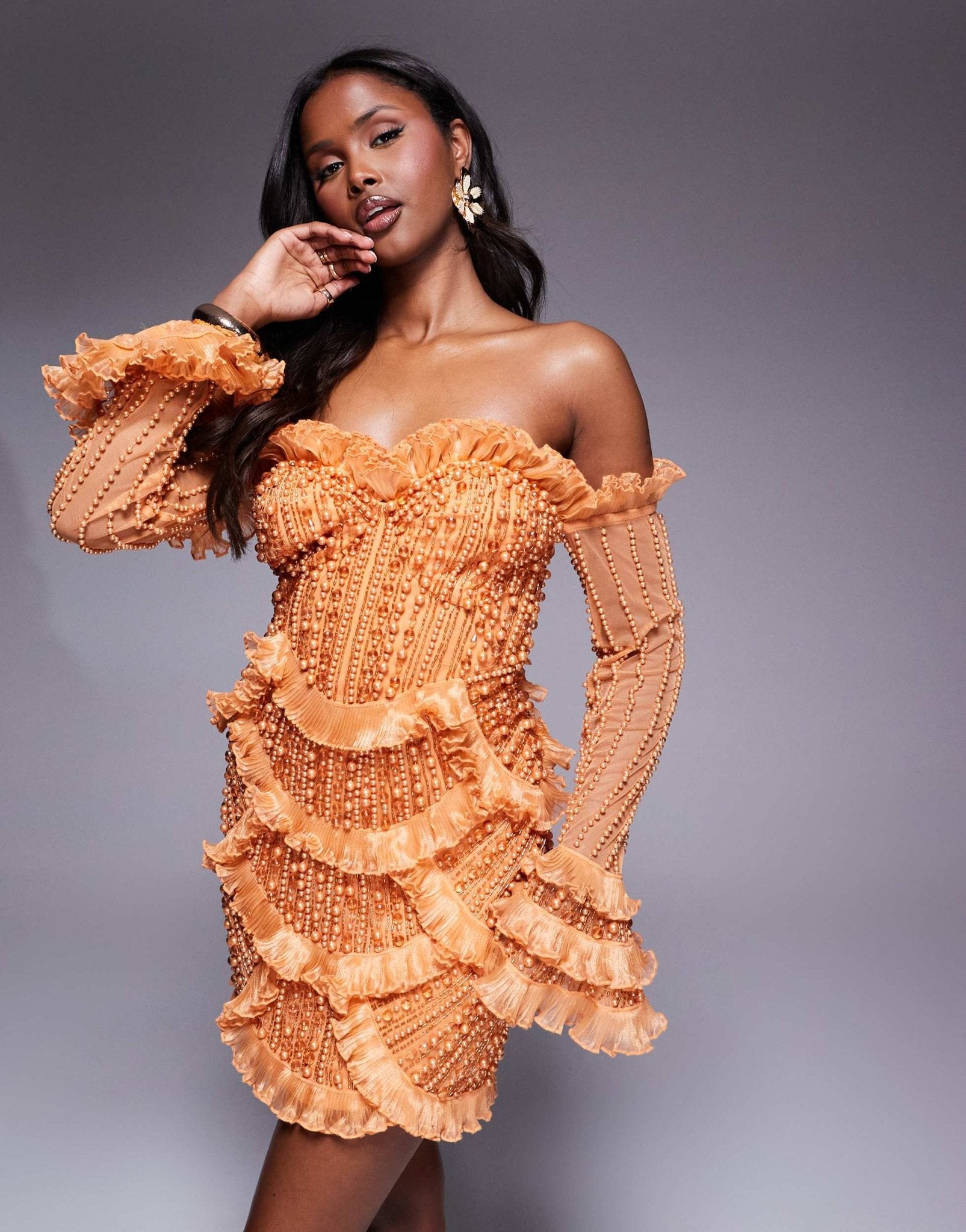 ASOS LUXE gem embellished off shoulder mini dress with scallop hem in orange - ASOS Sample Sale