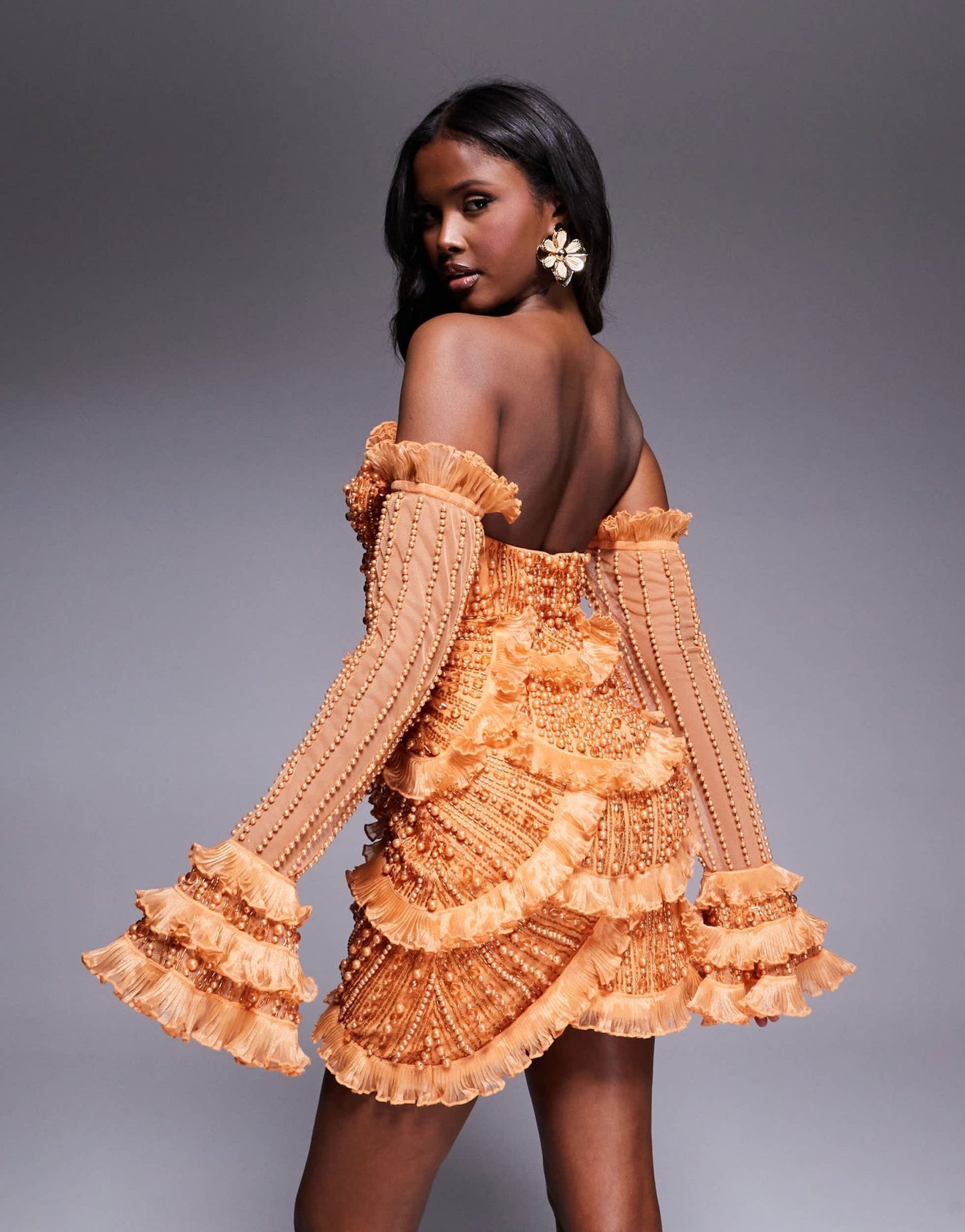 ASOS LUXE gem embellished off shoulder mini dress with scallop hem in orange - ASOS Sample Sale