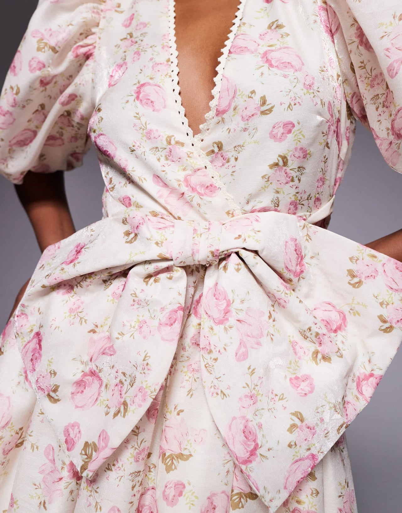 ASOS LUXE jacquard puff sleeve mini dress with bow detail in floral print - ASOS Sample Sale