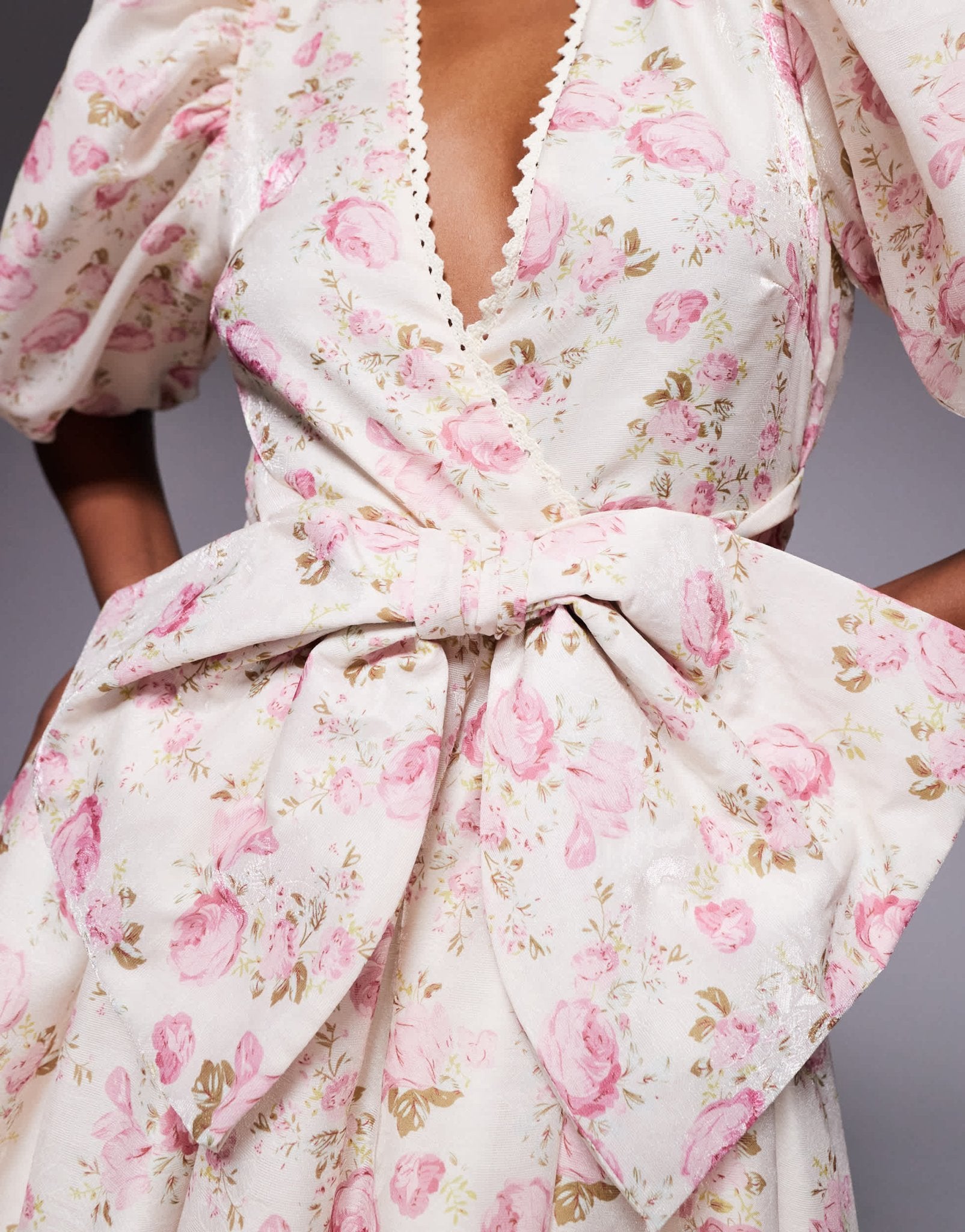 ASOS LUXE jacquard puff sleeve mini dress with bow detail in floral print - ASOS Sample Sale