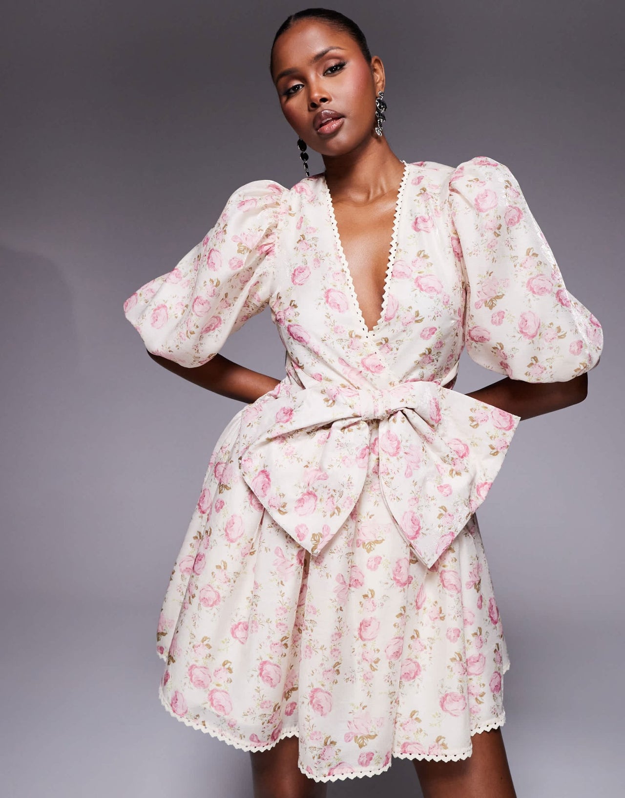 ASOS LUXE jacquard puff sleeve mini dress with bow detail in floral pr