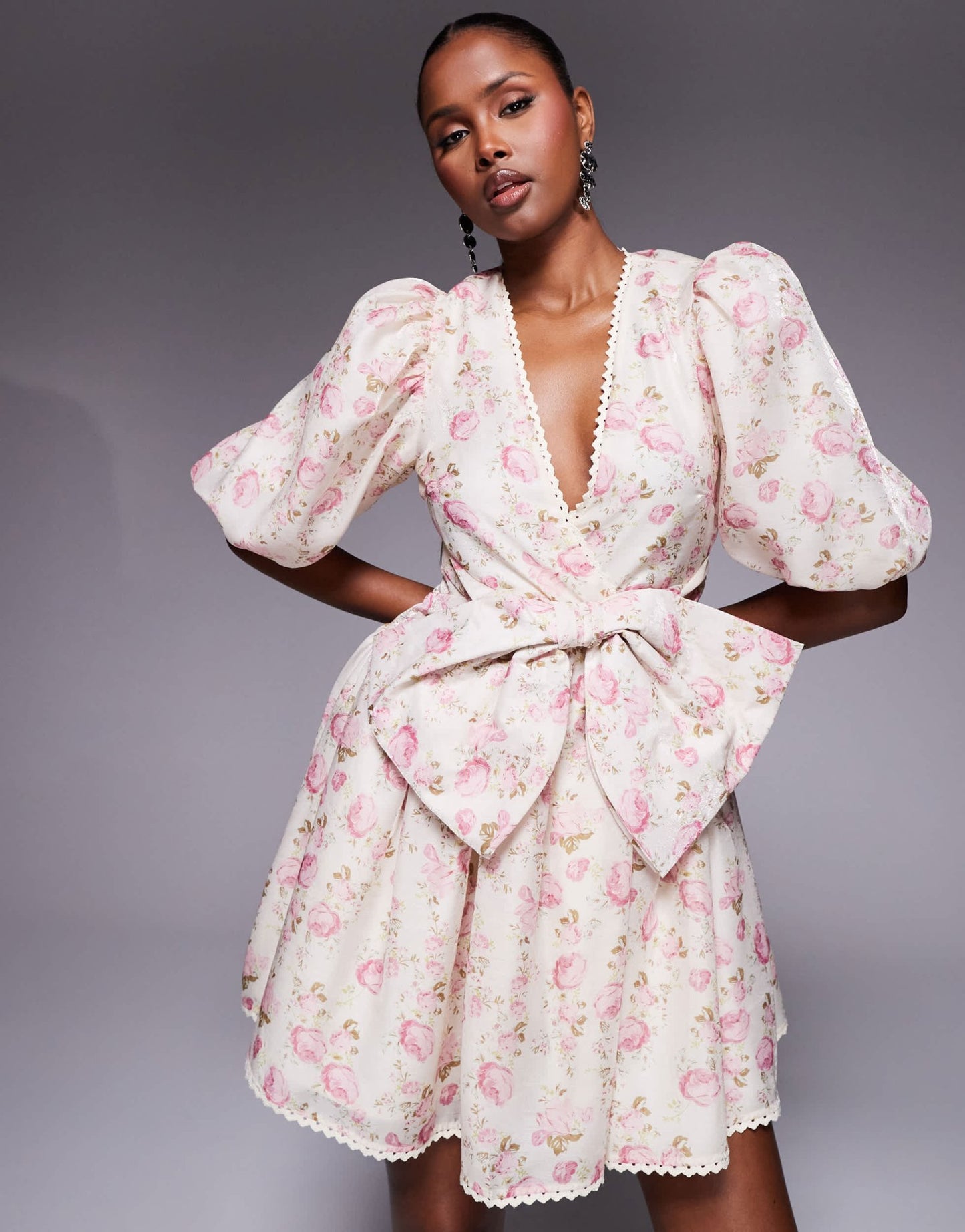 ASOS LUXE jacquard puff sleeve mini dress with bow detail in floral print - ASOS Sample Sale