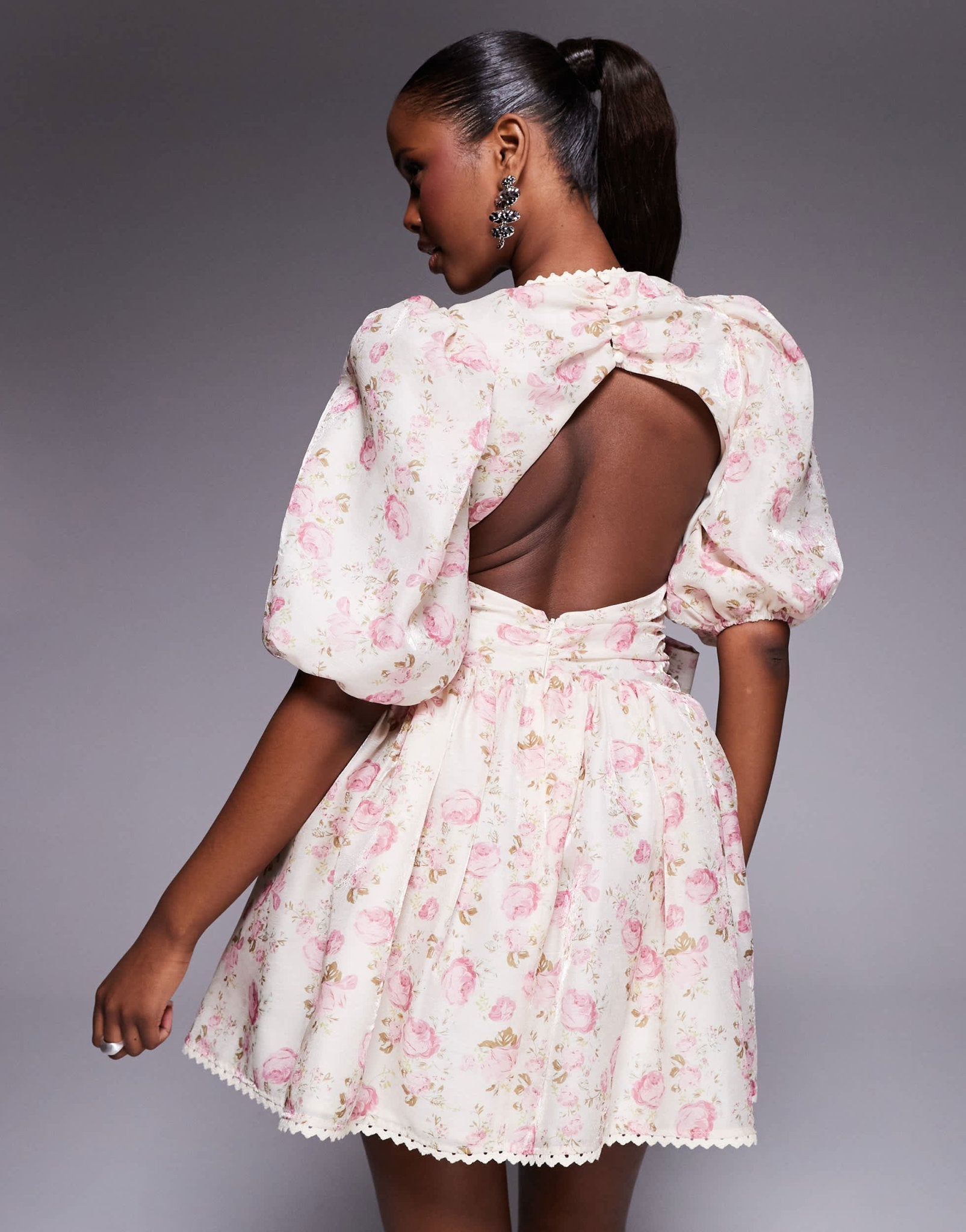 ASOS LUXE jacquard puff sleeve mini dress with bow detail in floral print - ASOS Sample Sale