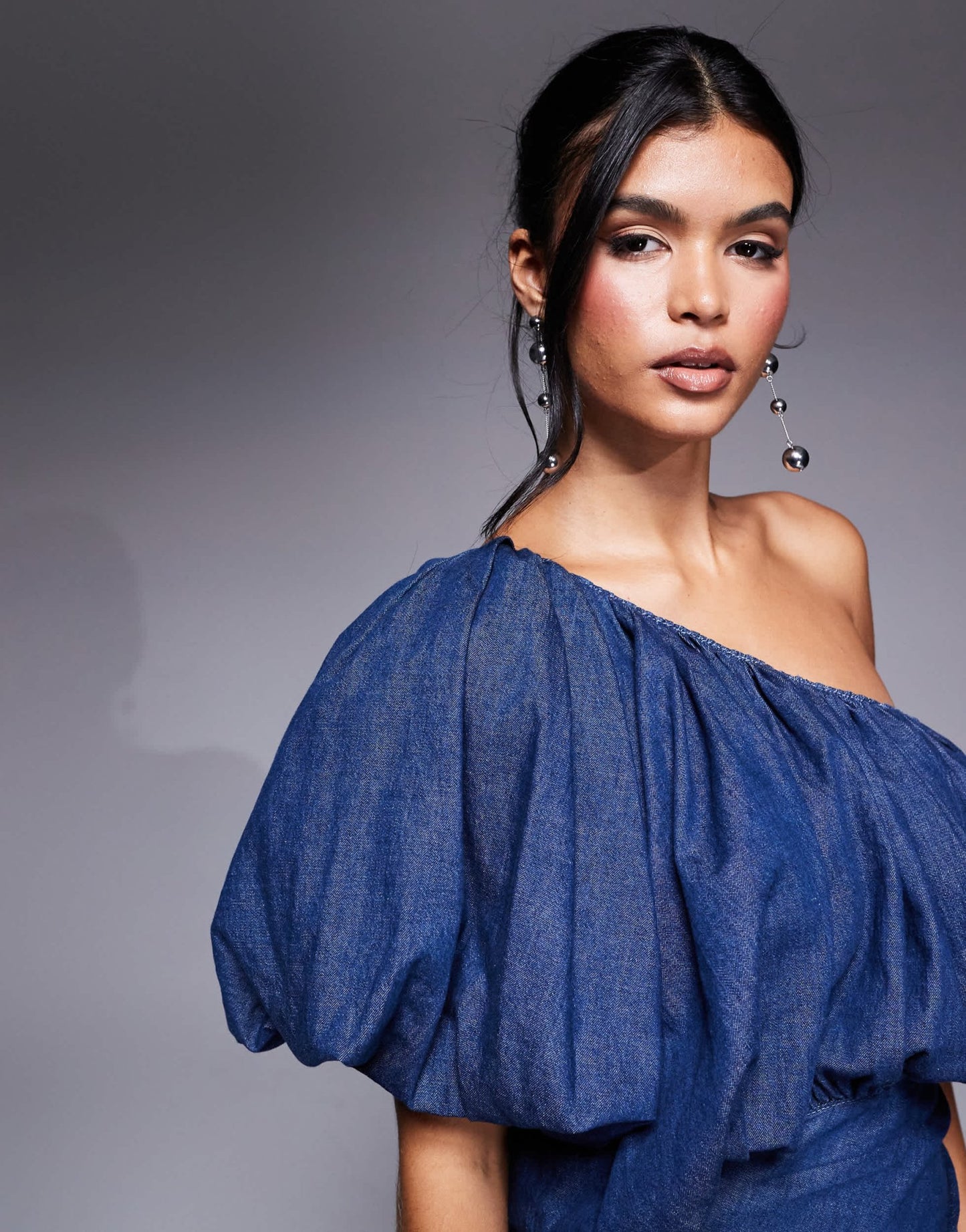 ASOS LUXE one shoulder asymmetric bubble denim draped mini dress in mid wash Blue - ASOS Sample Sale