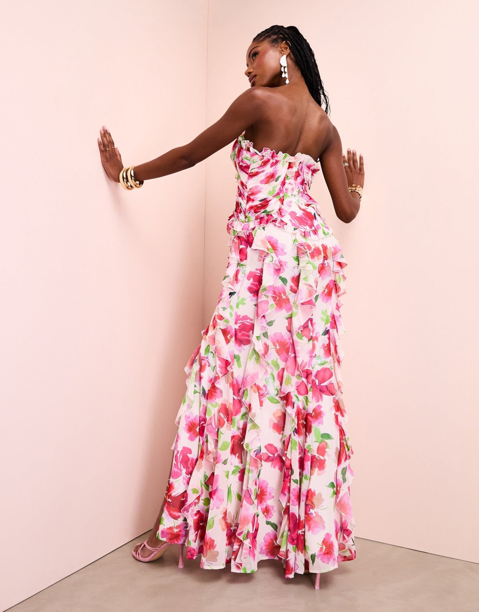 ASOS LUXE organza ruched bandeau maxi dress with ruffle skirt in pink floral print - ASOS Sample Sale